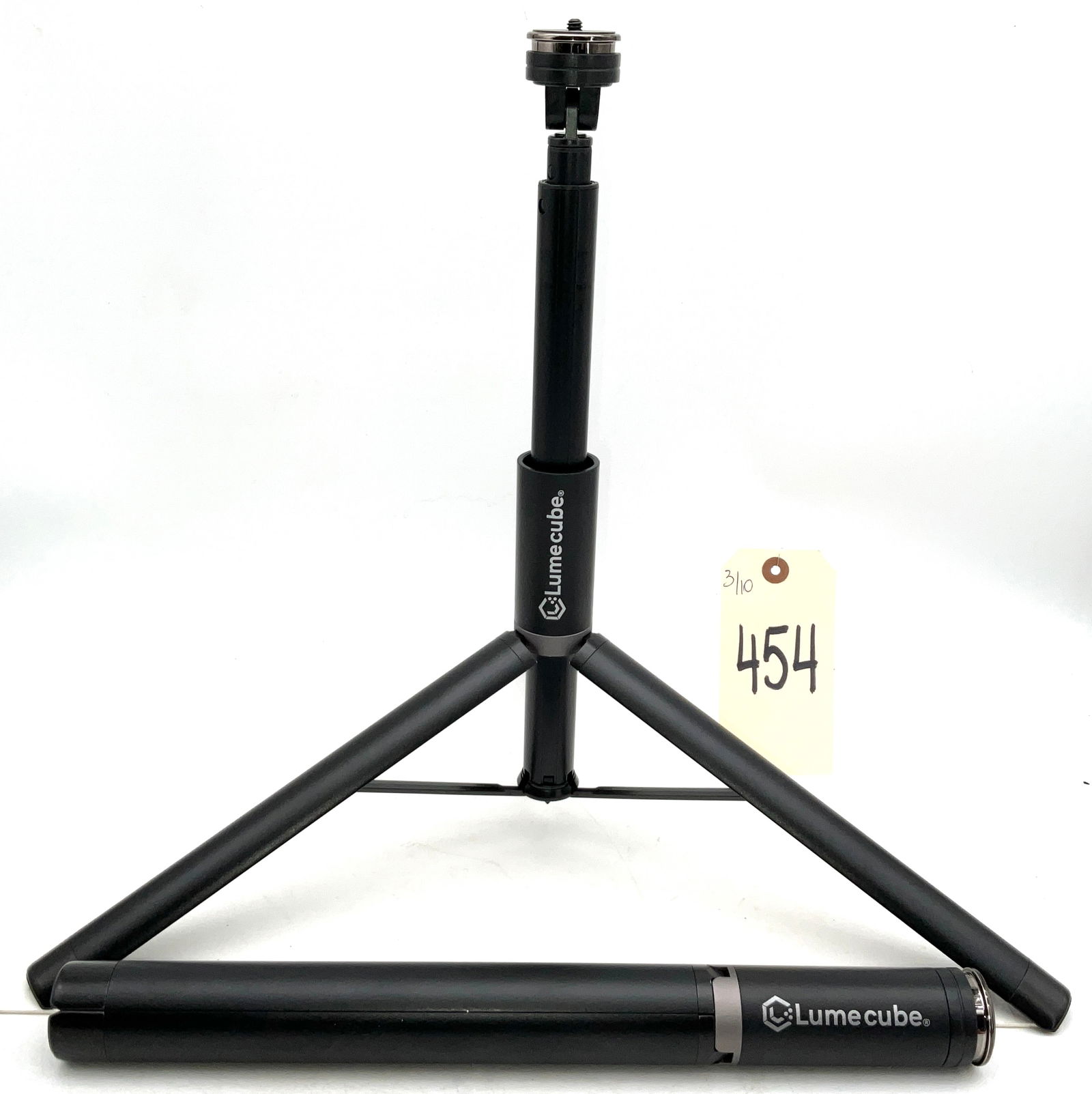 Lume Cube Portable Tripod and Extension Pole, Telescoping Aluminum Design, c. 2020: This lot includes a pair of Lume Cube photography accessories, featuring a portable tripod stand and a telescoping extension pole. Both components are constructed from black-coated aluminum alloy and