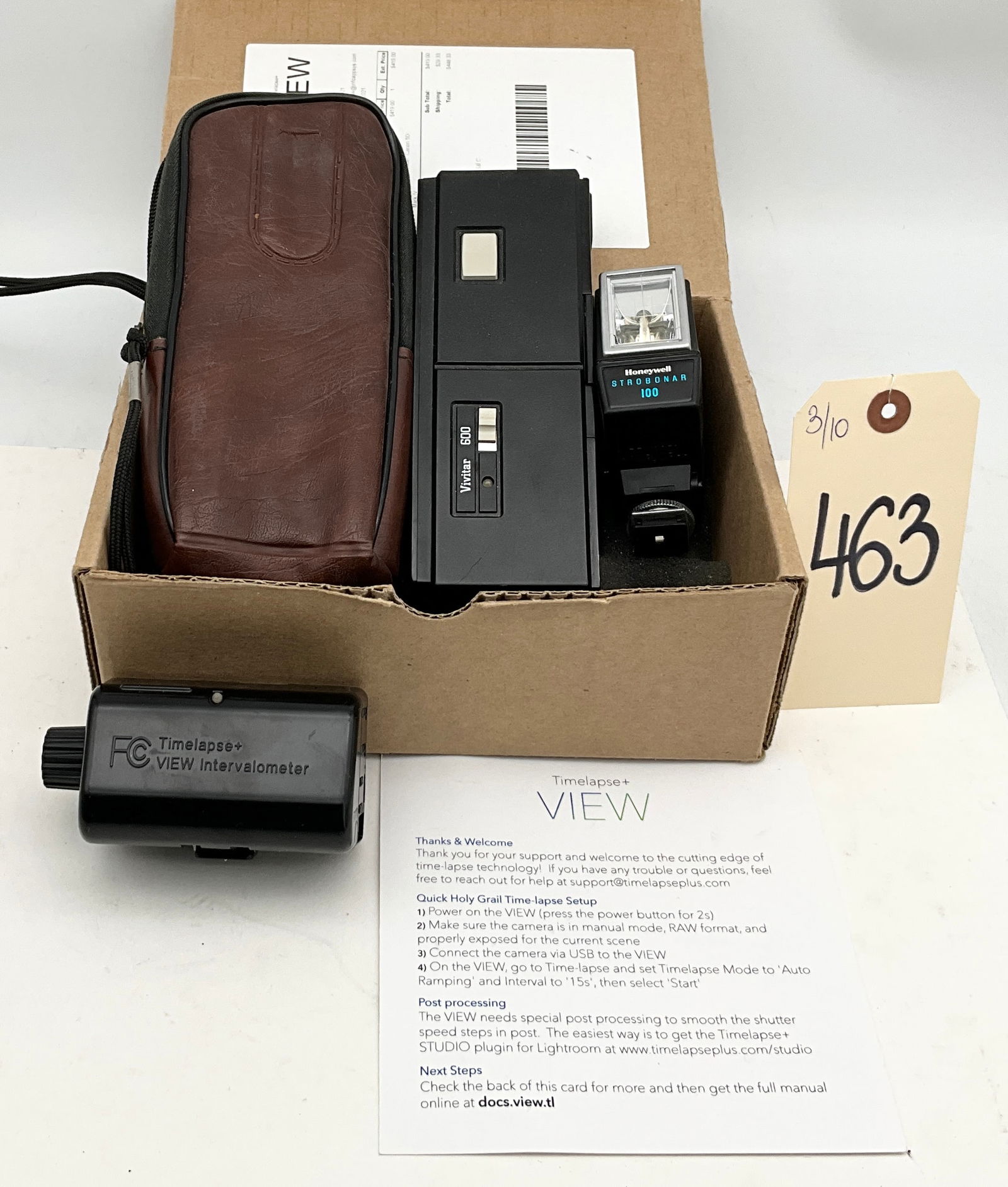 Vivitar 600 110 Film Camera, Honeywell Strobonar 100 Flash, and Timelapse+ VIEW Intervalometer, (1 of 2)