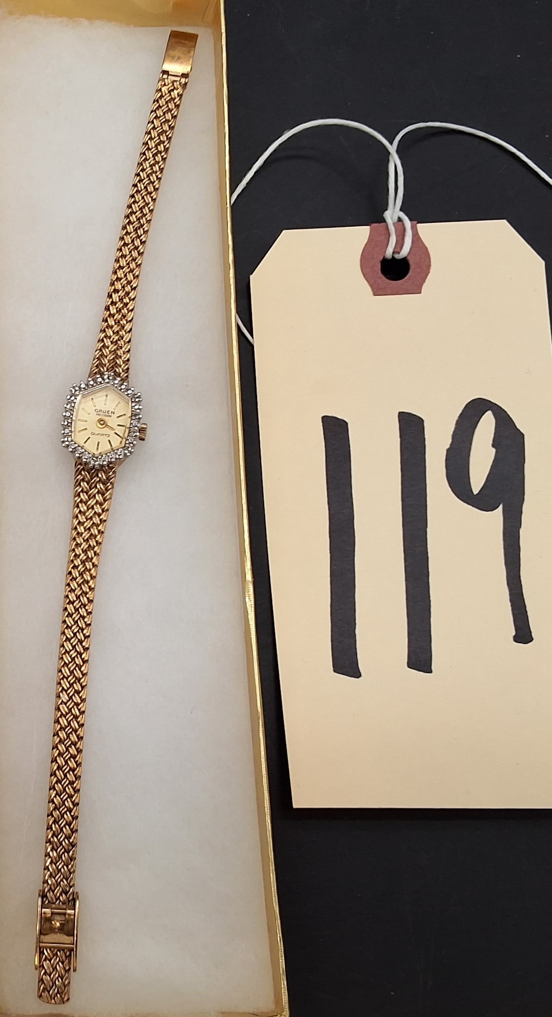 Gruen Precision Quartz gold tone ladies watch: Gruen Precision Quartz gold tone ladies watch Condition All property is sold in "as is" condition and all sales are final. Teel Auctions and its consignor make no representations or warranties,