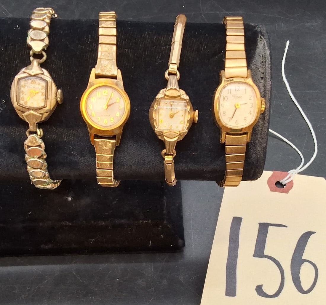 Lot of 4 vintage gold tone ladies watches: Bulova, Timex, Westclox: Lot of 4 vintage gold tone ladies watches: Bulova, Timex, Westclox Condition All property is sold in "as is" condition and all sales are final. Teel Auctions and its consignor make no representations
