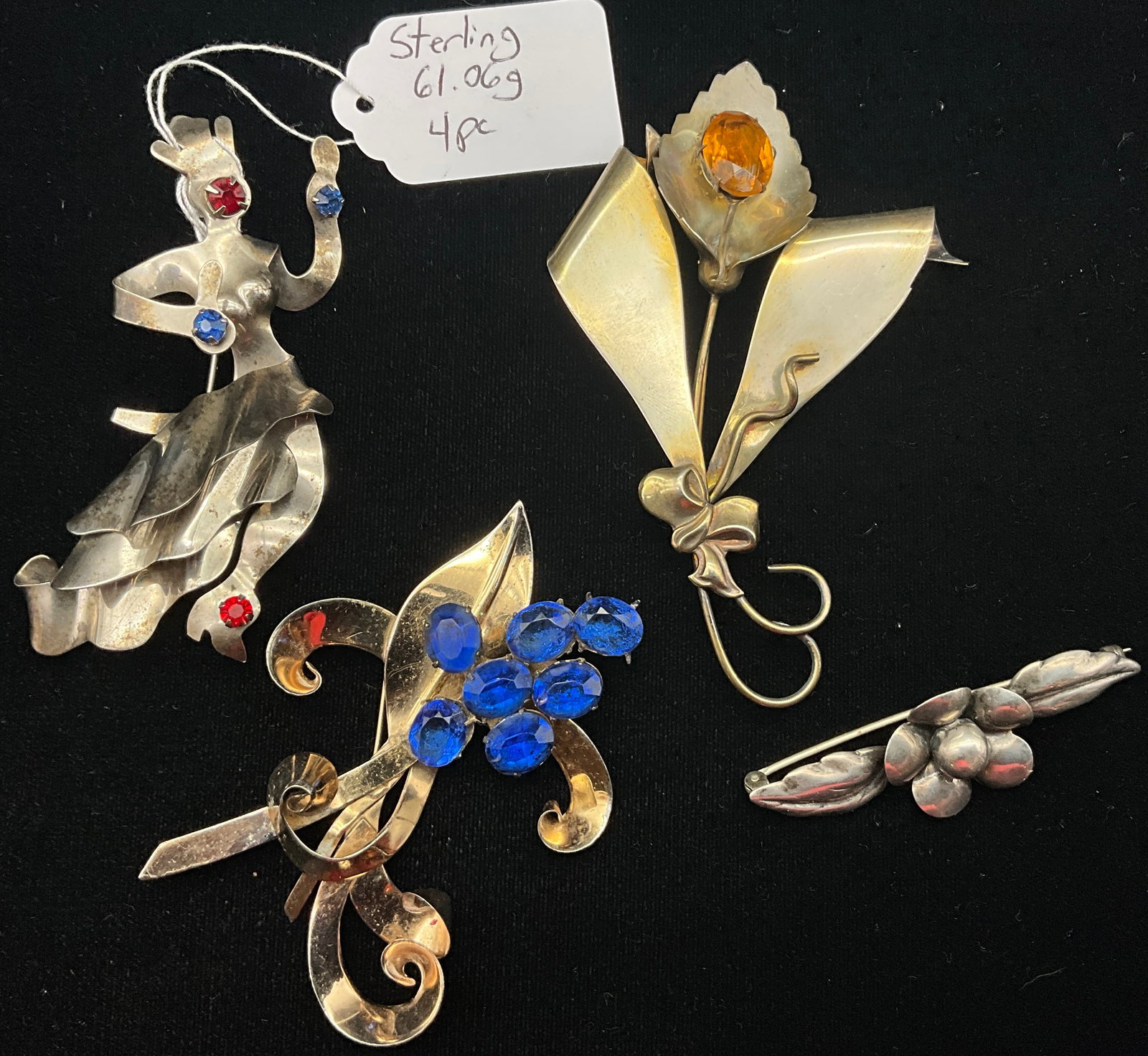 A Collection of Four Vintage Sterling Silver and Rhinestone Floral and Figural Brooches - 2