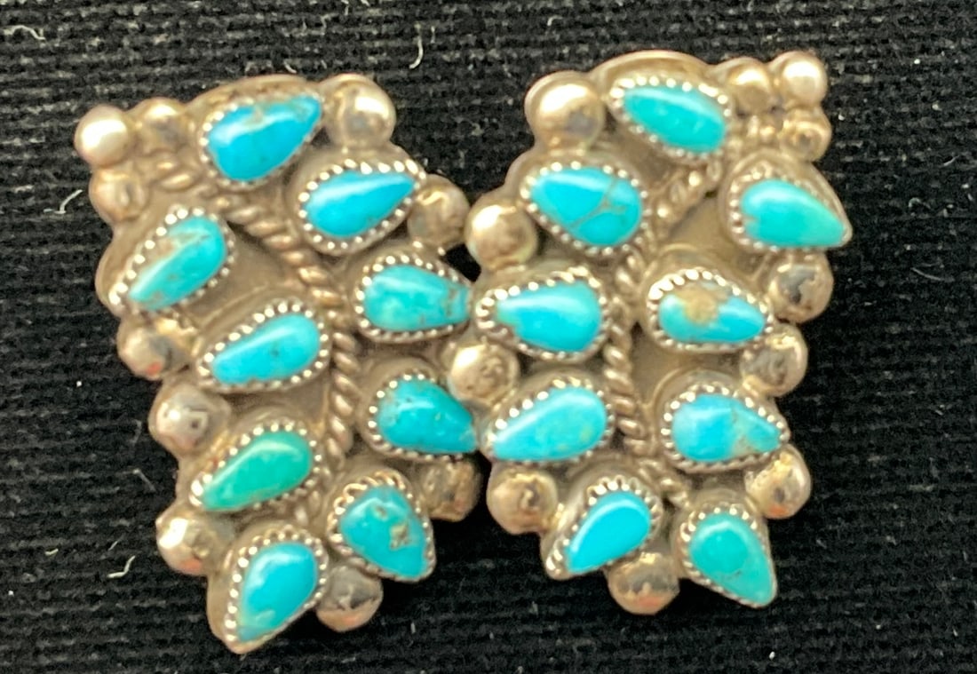 Navajo Style Turquoise and Silver-Tone Hand Flower Bracelet and Cluster Earrings - 2
