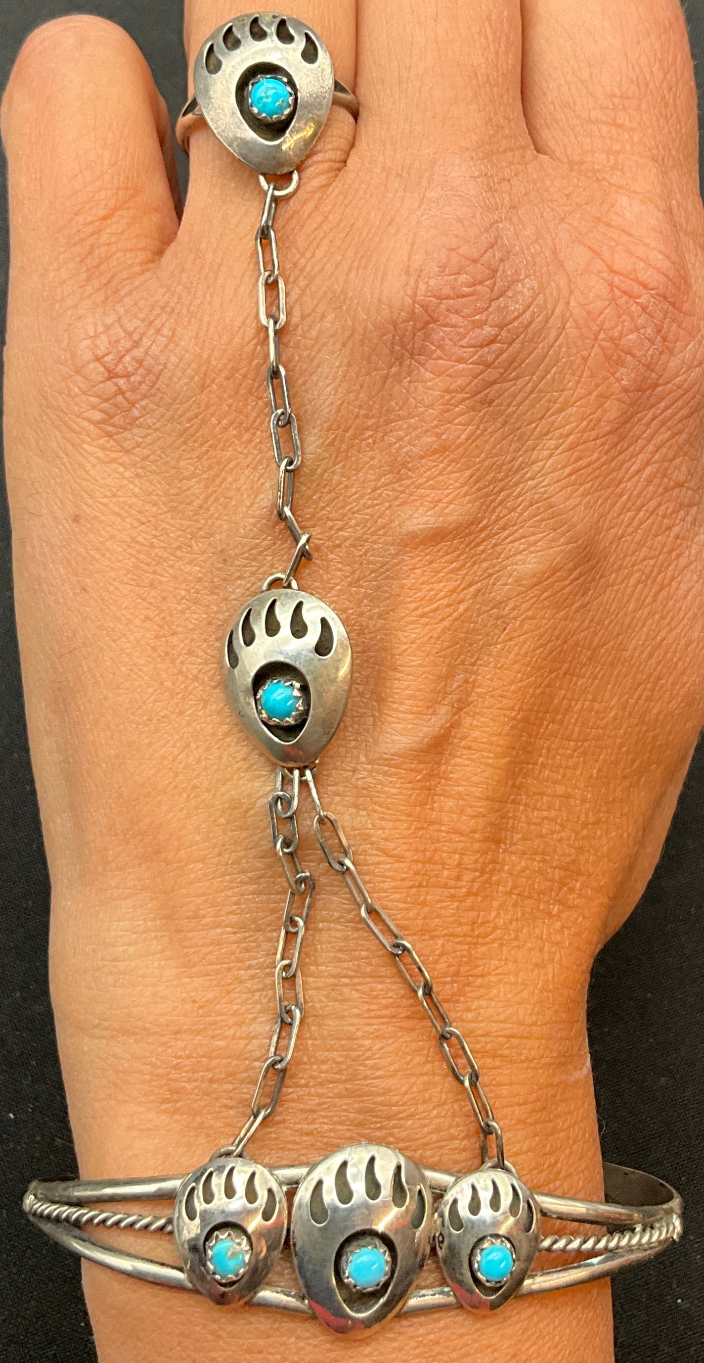 Navajo Style Turquoise and Silver-Tone Hand Flower Bracelet and Cluster Earrings - 4