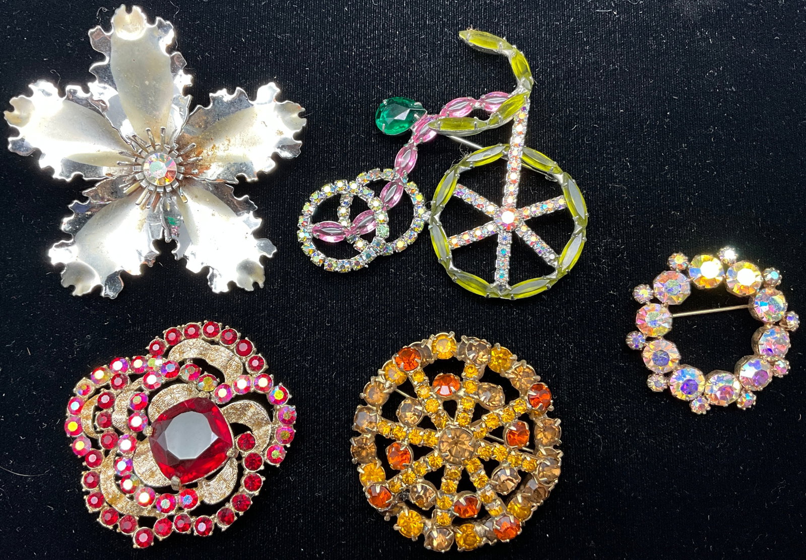 Five Vintage Rhinestone and Costume Jewelry Brooches - 2
