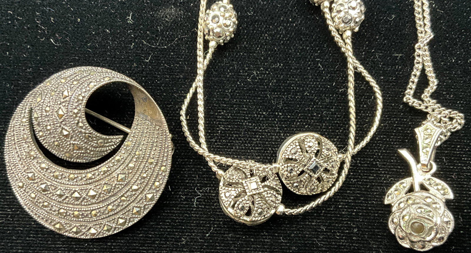 A Trio of Silver and Marcasite Jewelry Including a Crown Trifari Necklace - 2