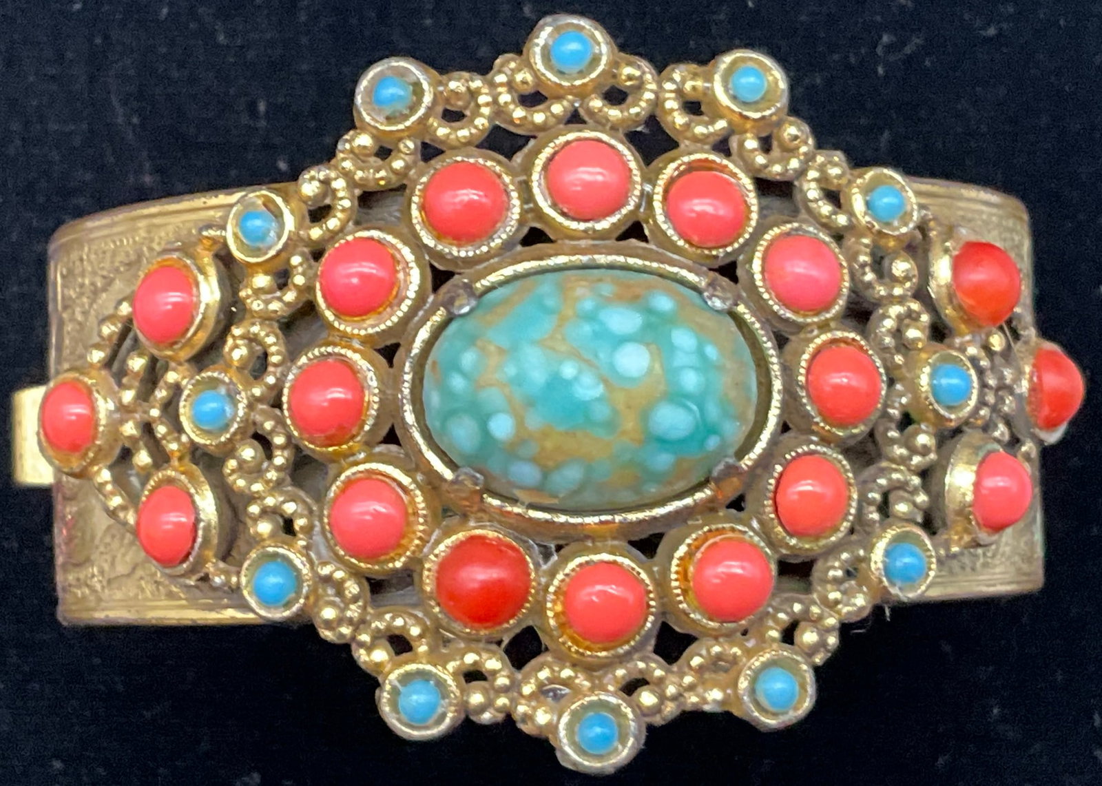 Vintage Gold-Tone Floral Embossed Hinged Bangle with Faux Turquoise and Coral - 2