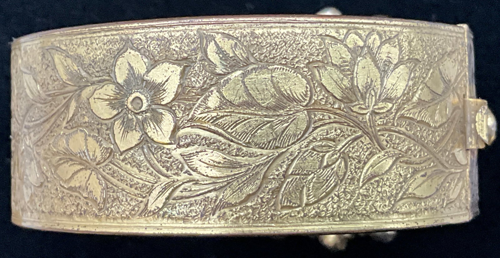 Vintage Gold-Tone Floral Embossed Hinged Bangle with Faux Turquoise and Coral - 3