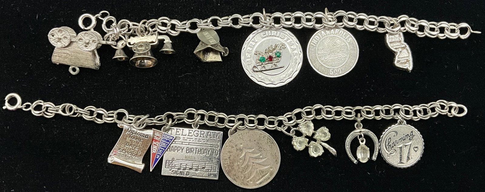 A Pair of Vintage Sterling Silver Double Link Charm Bracelets with Wells Charms - 2