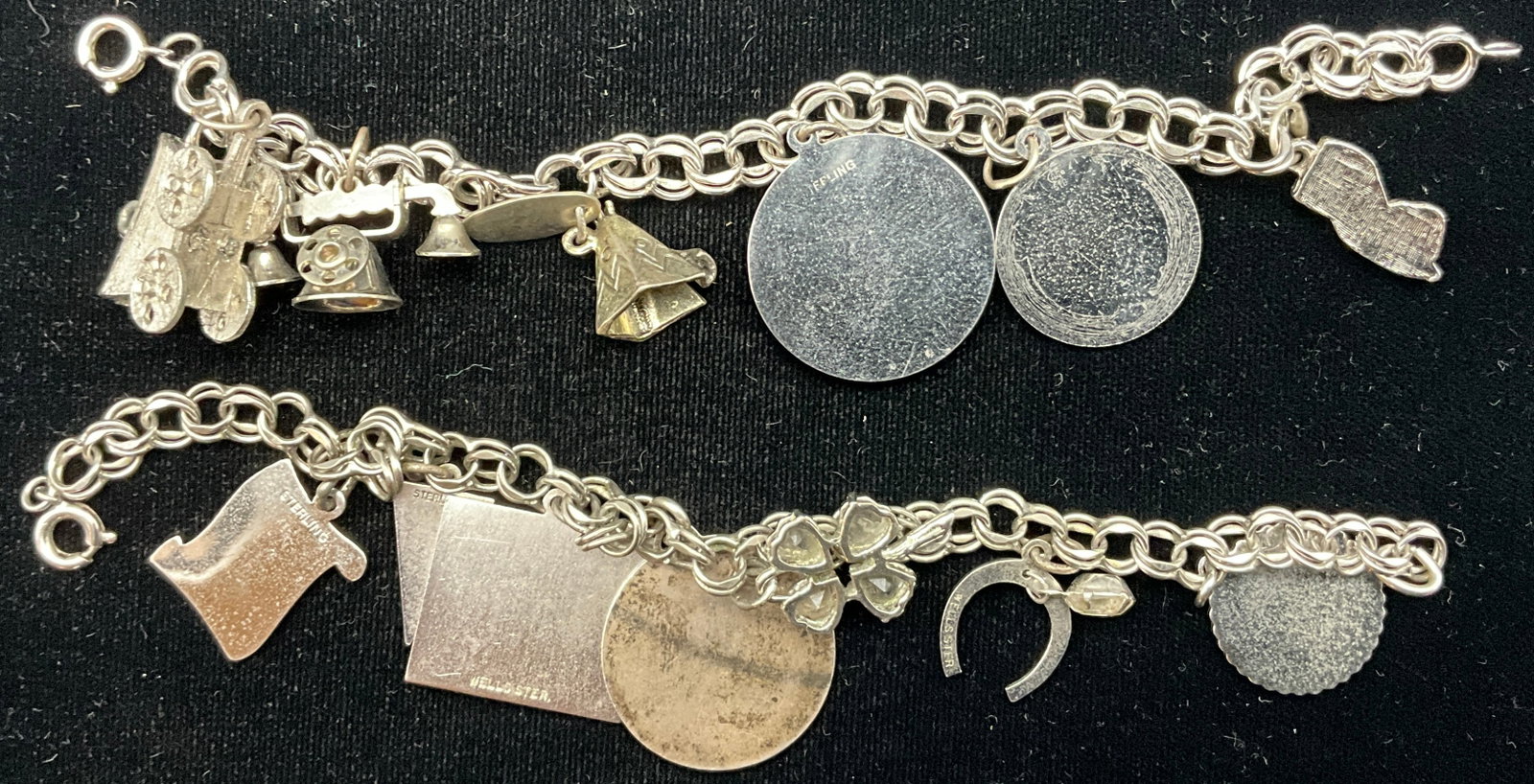 A Pair of Vintage Sterling Silver Double Link Charm Bracelets with Wells Charms - 3