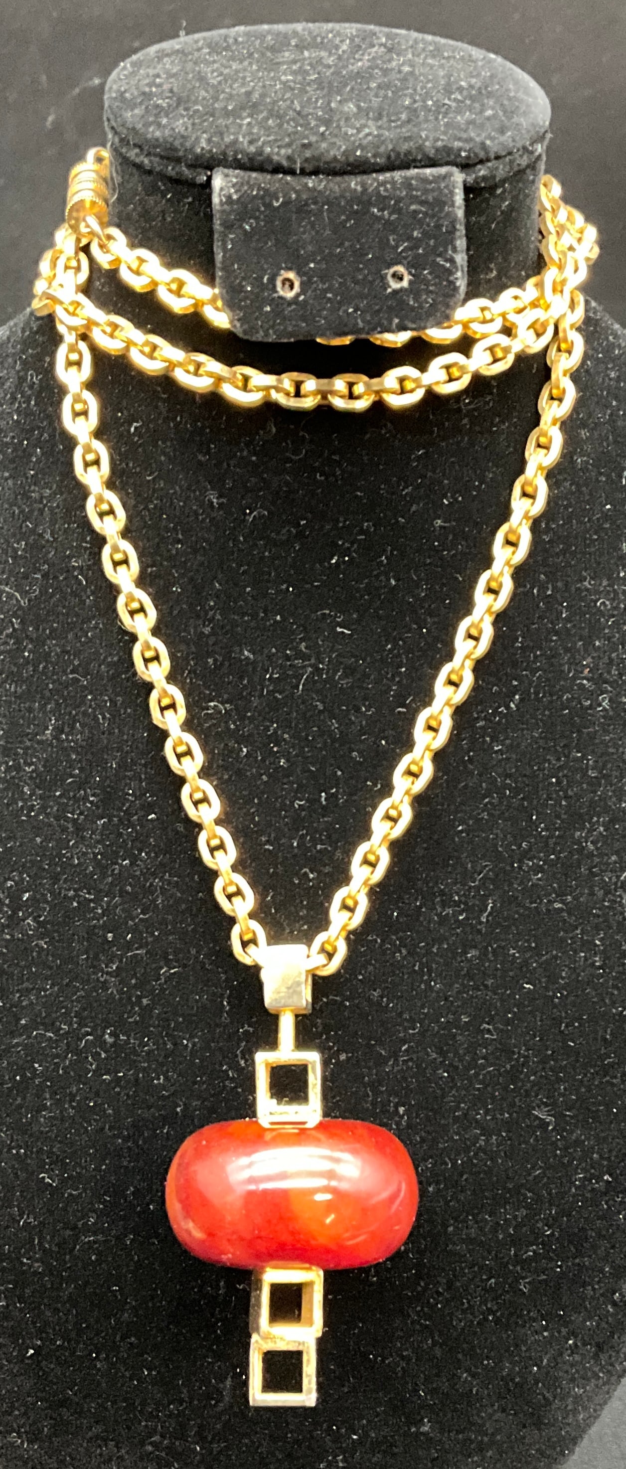 Gold-Tone Oval-Link Chain Necklace with Red Bakelite Barrel Pendant - 2