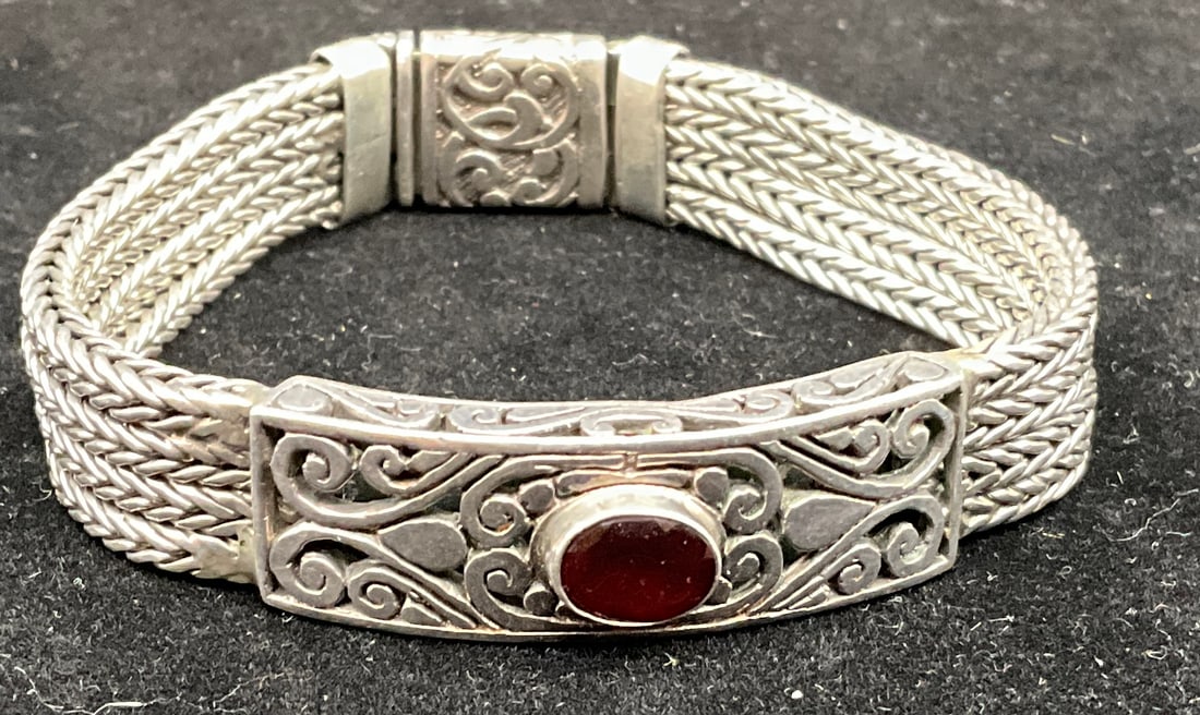 Sterling Silver Bali-Style Multi-Strand Woven Bracelet with Garnet Accent - 2