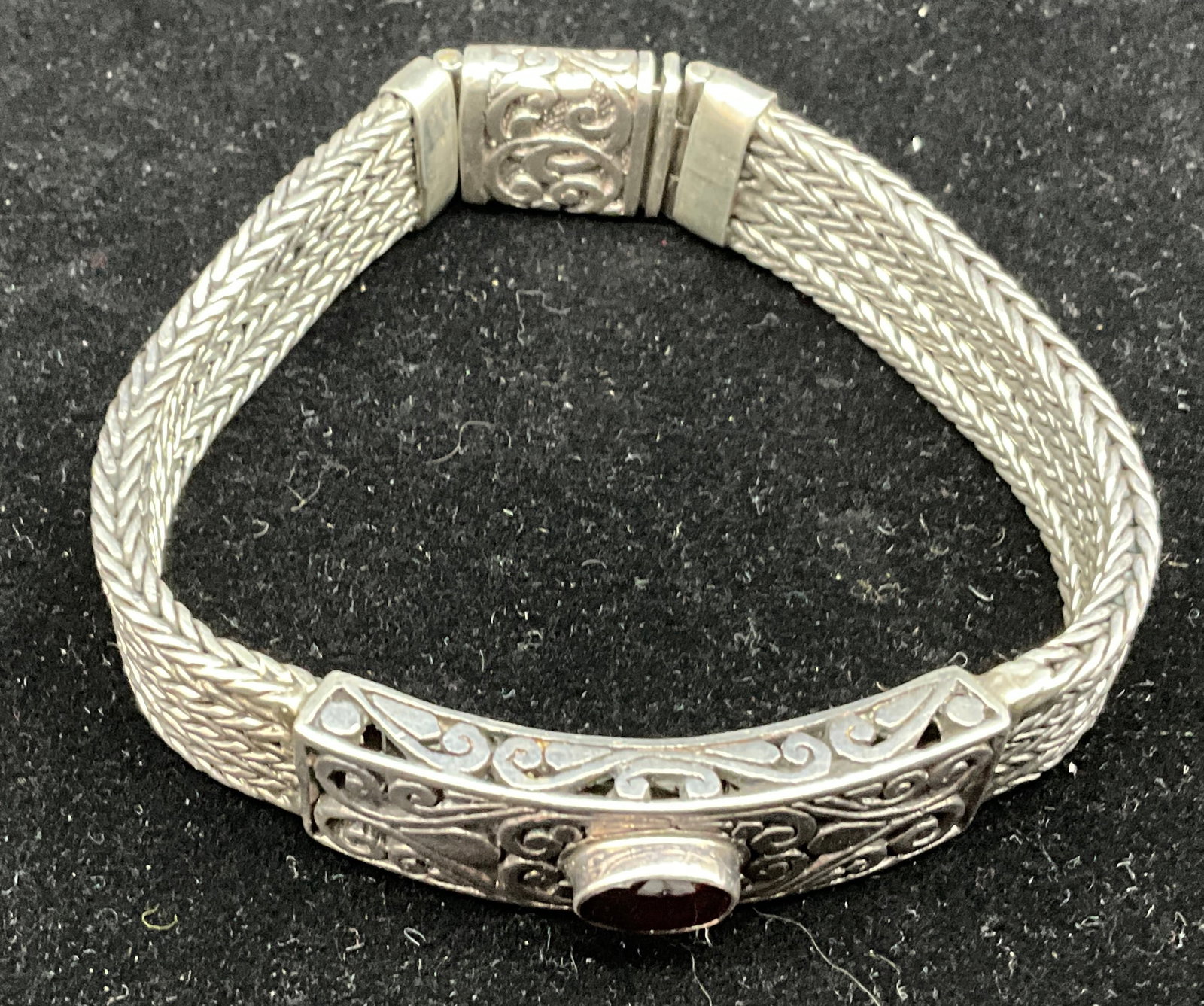 Sterling Silver Bali-Style Multi-Strand Woven Bracelet with Garnet Accent - 3