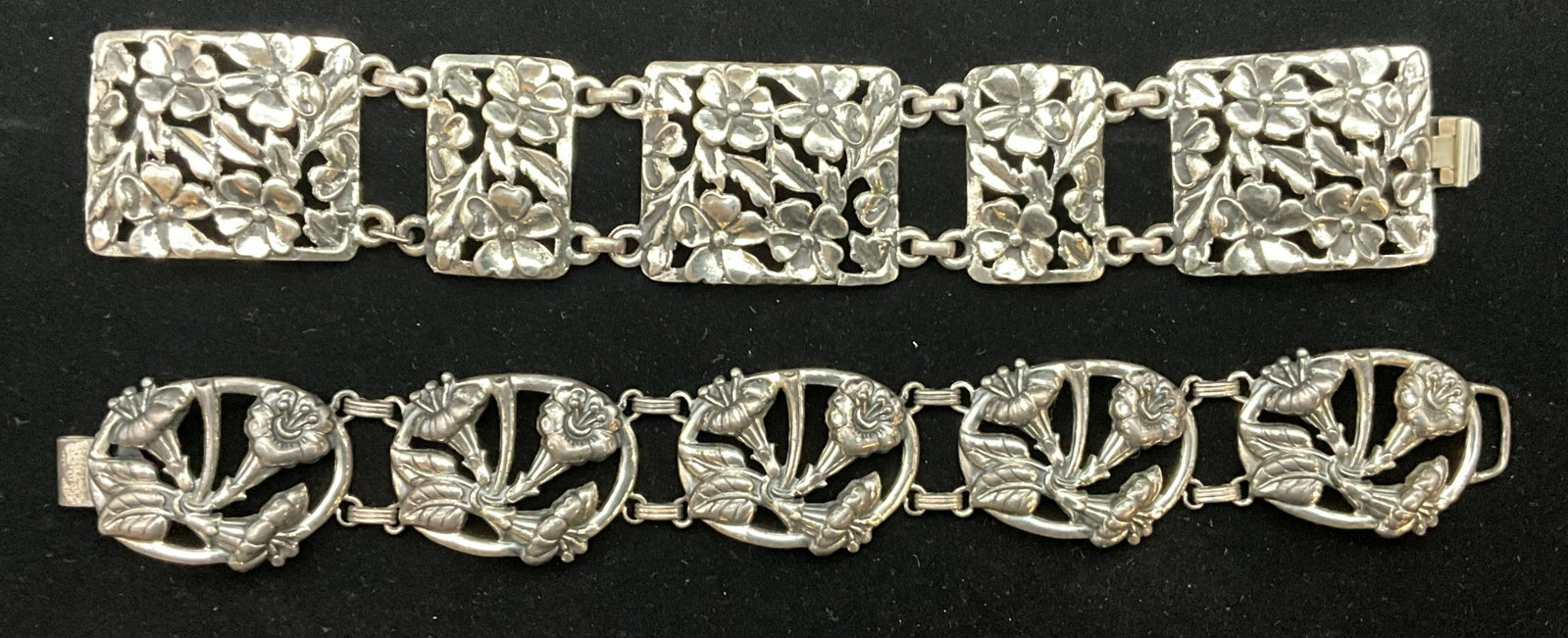 Two Vintage Danecraft and Sterling Silver Floral Repousse Link Bracelets - 2