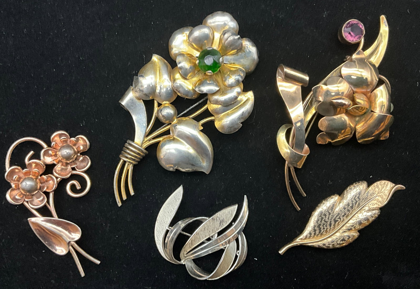 Group of Five Vintage Sterling Silver and 12K Gold-Filled Floral and Modernist Brooches - 2