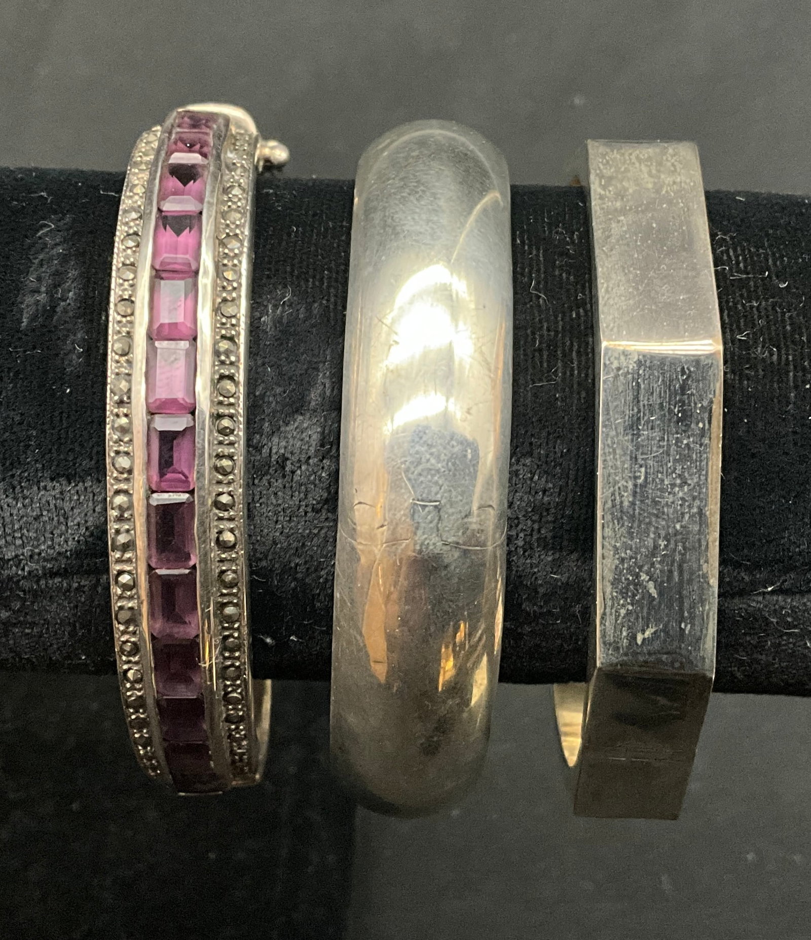 Three Sterling Silver Bangle Bracelets Including Gemstone and Octagonal Designs - 2