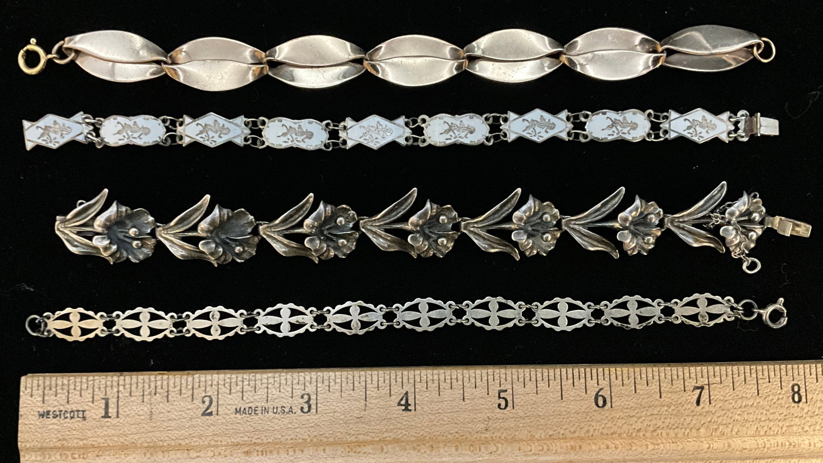 A Group of Four Vintage Sterling Silver Link Bracelets Including Napier and Siam Niello - 2