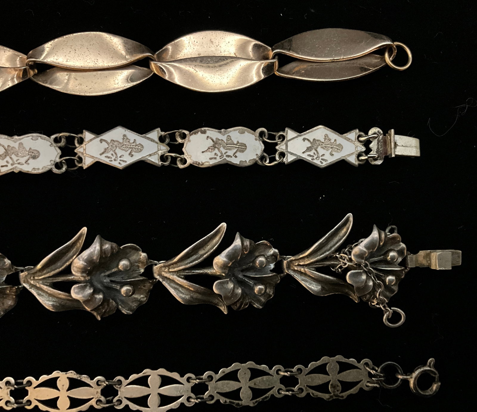 A Group of Four Vintage Sterling Silver Link Bracelets Including Napier and Siam Niello - 3