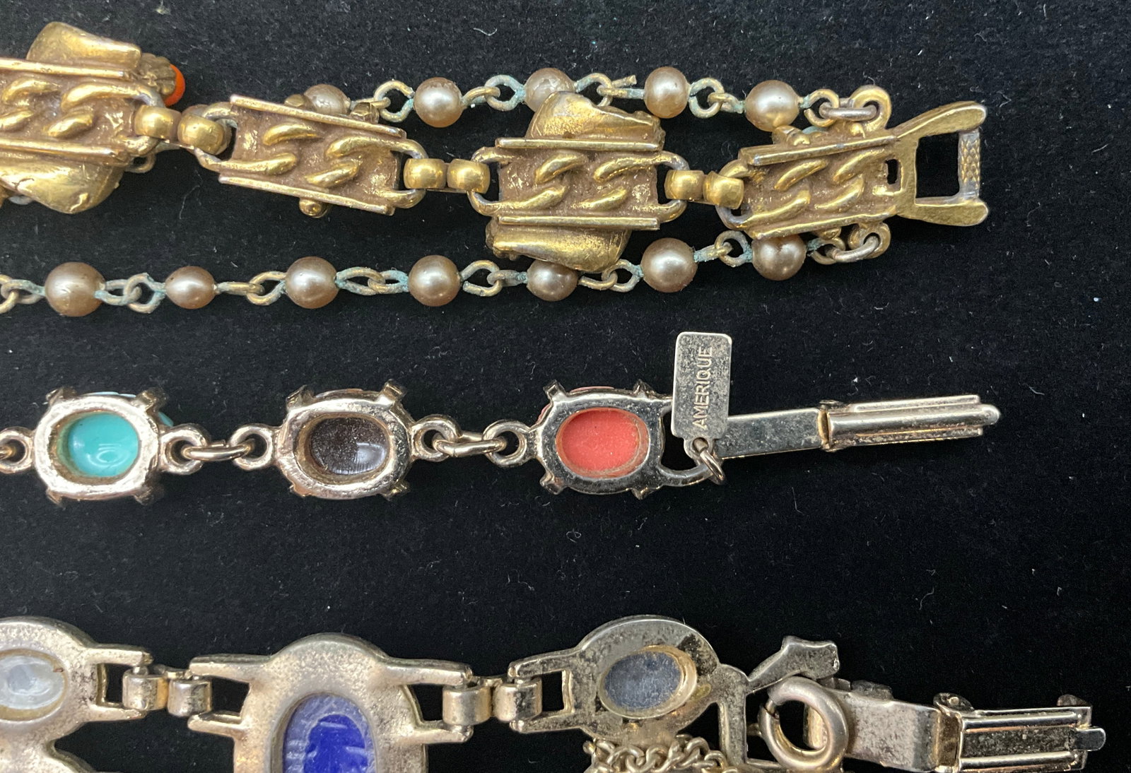 An Assortment of Egyptian Revival Scarab and Cabochon Costume Bracelets - 4
