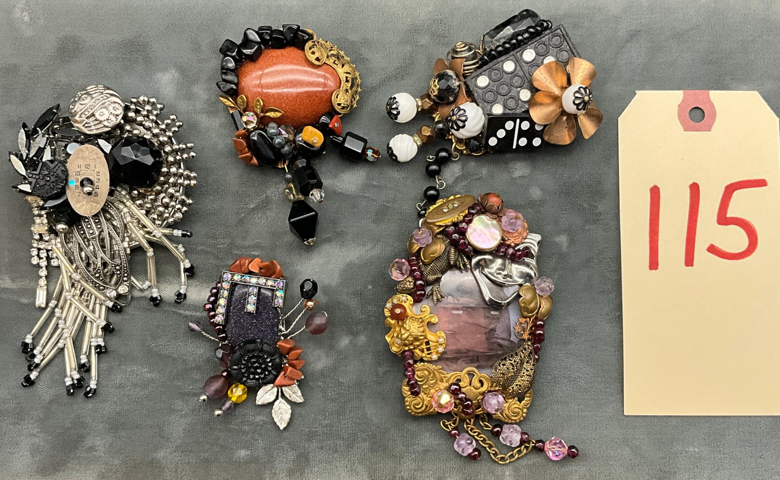 A Collection of Five Sarah Jane Artisan Mixed Media Assemblage Brooches (1 of 3)