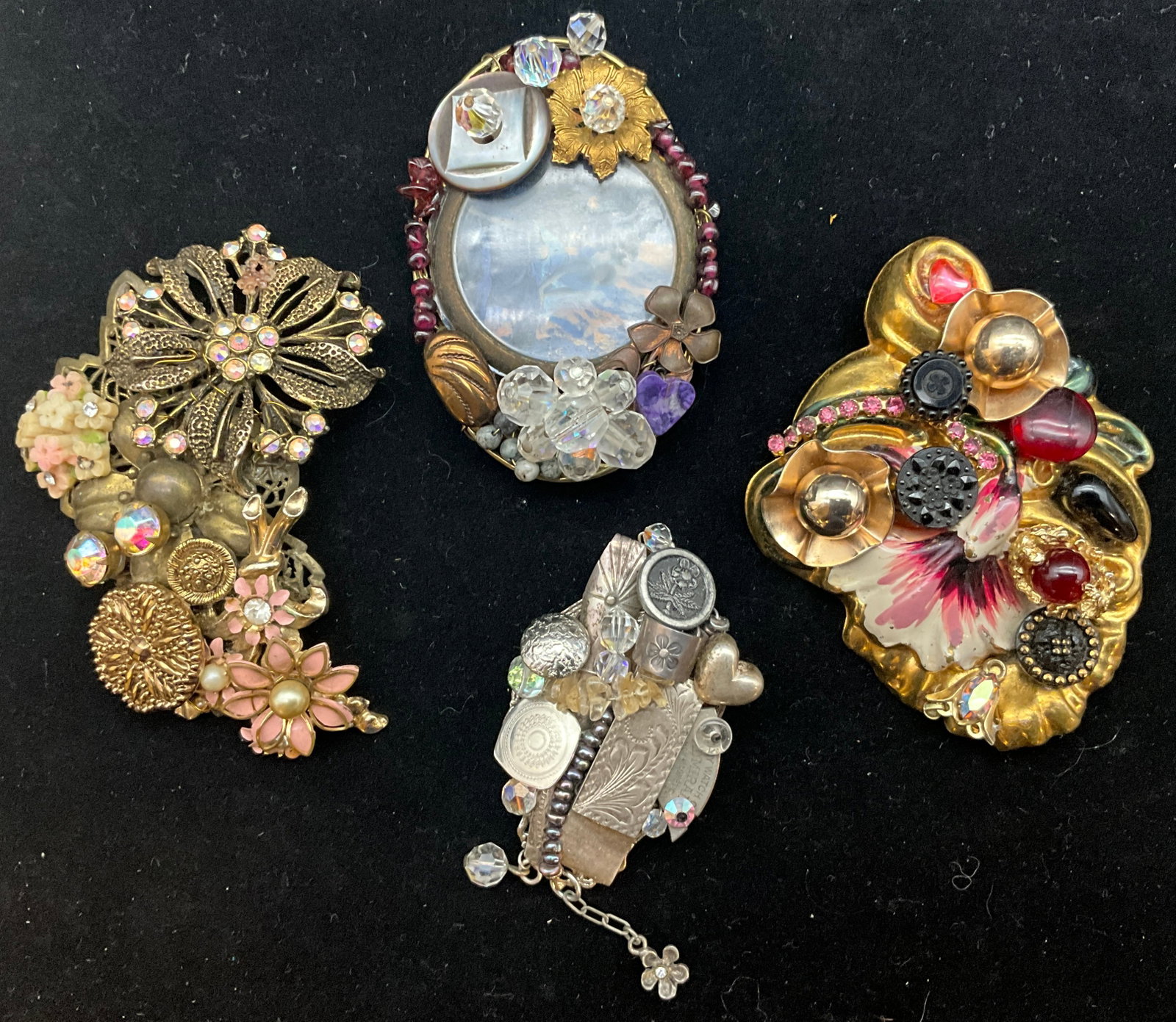 Four Sarah Jane Artisan Assemblage Costume Jewelry Brooches - 2