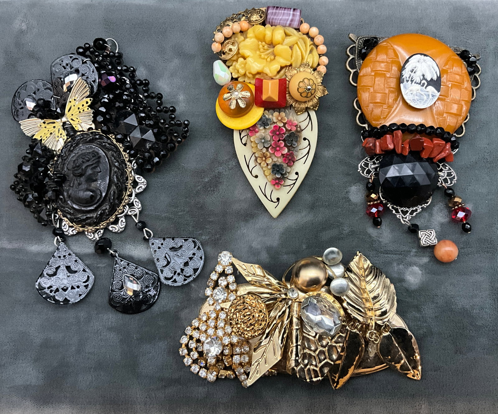 Four Signed Artisan Assemblage Statement Brooches by Sarah Jane and Cindy - 2