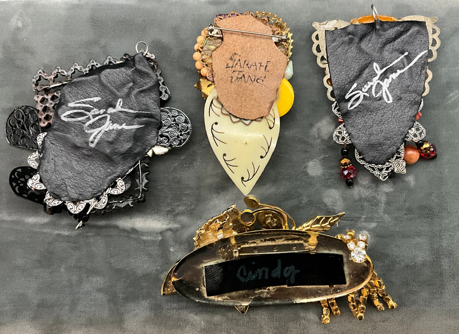 Four Signed Artisan Assemblage Statement Brooches by Sarah Jane and Cindy - 3