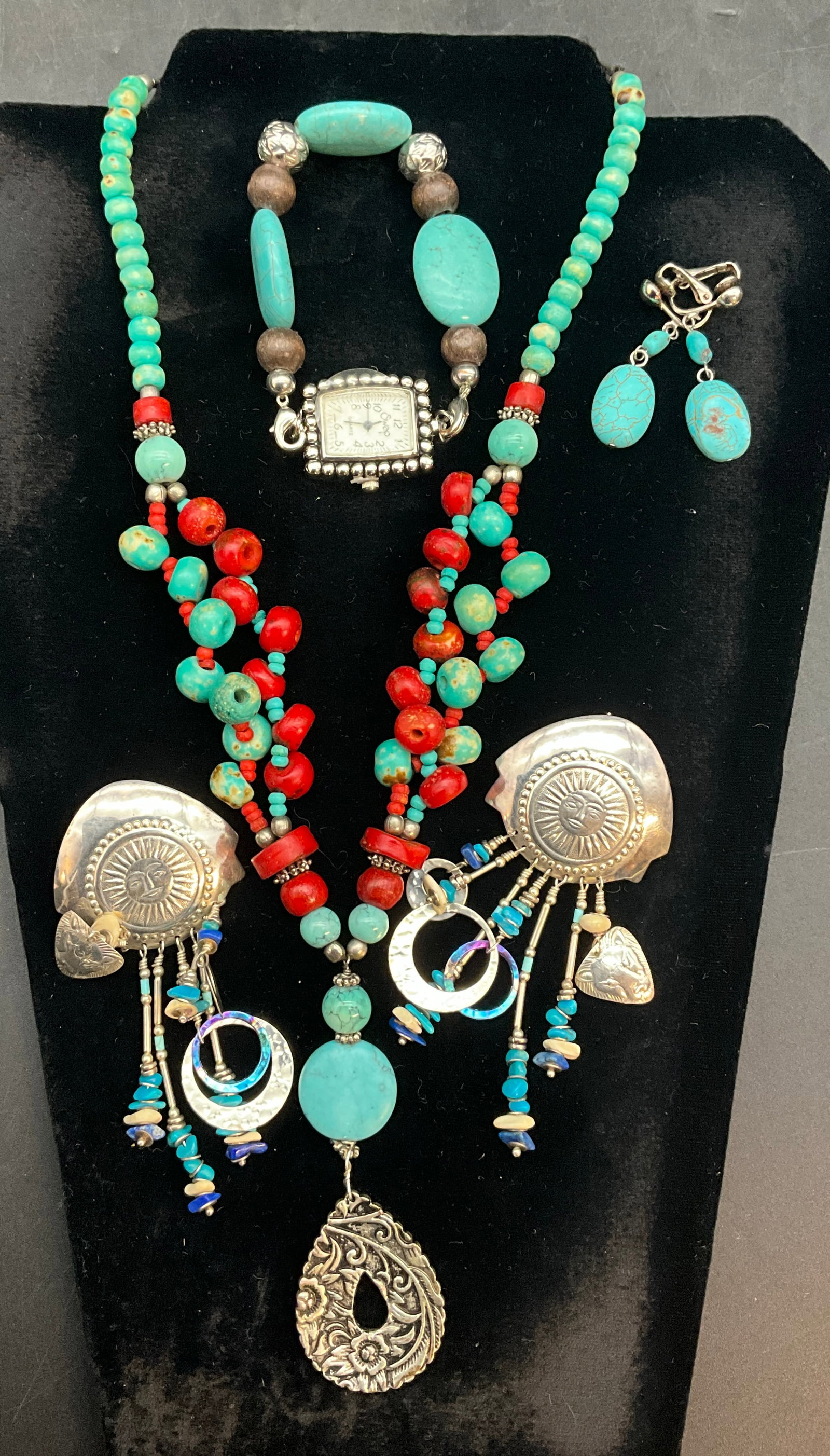 A Collection of Sterling Silver Tibetan Style Turquoise and Coral Jewelry - 2