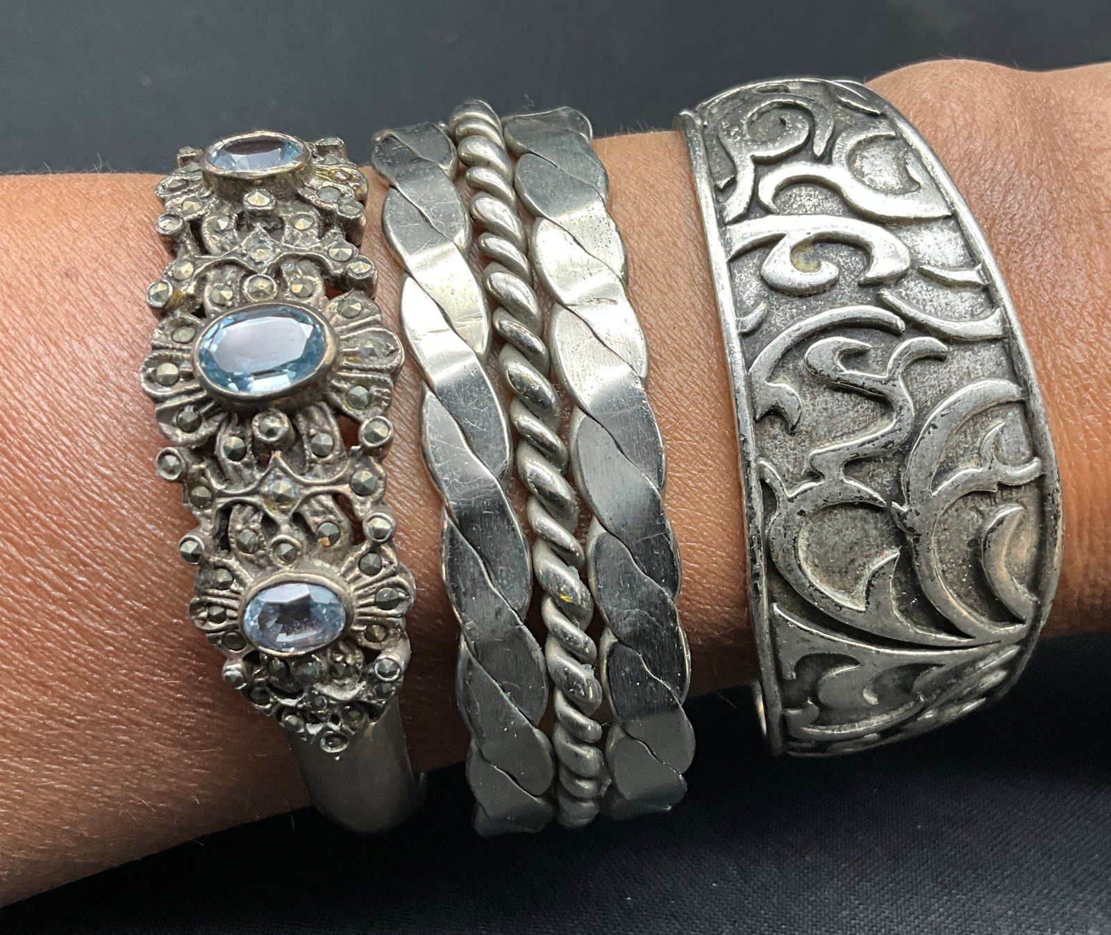 A Collection of Vintage Silver-Tone Mixed Style Cuff Bracelets - 2