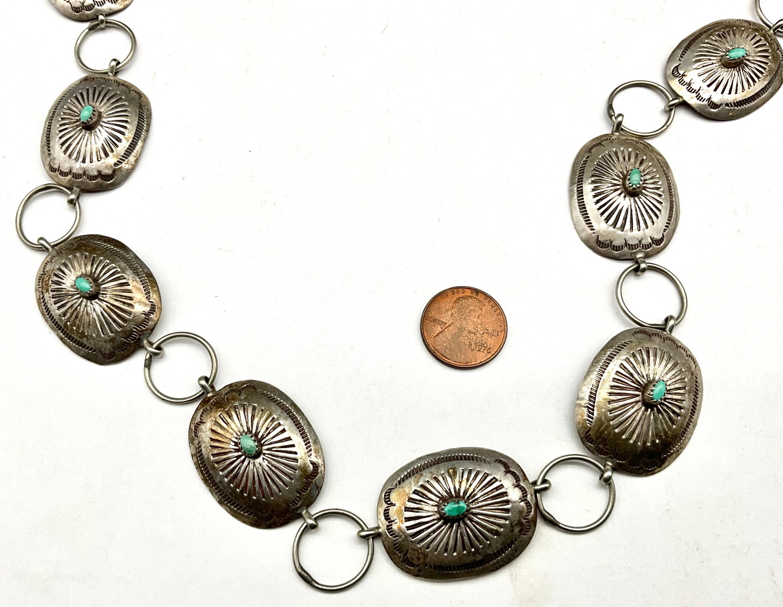 Native American Style Silver and Turquoise Concho Link Belt, 36 Inches - 2