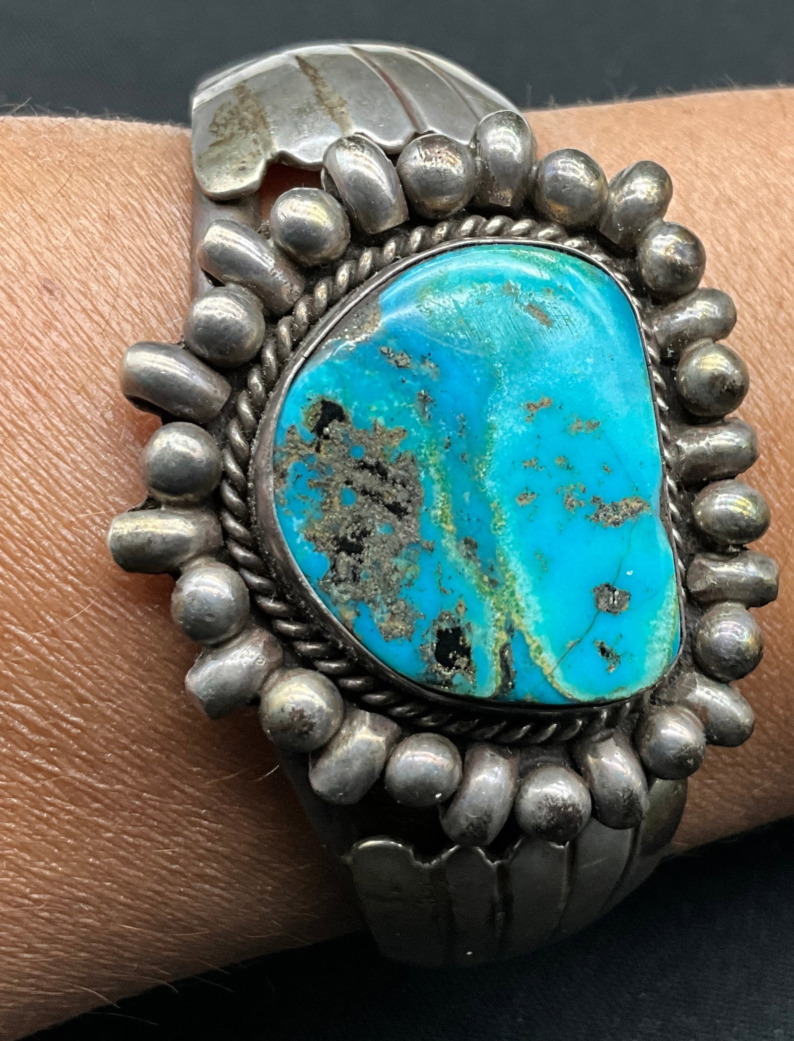 Native American Style Silver and Turquoise Wide Cuff Bracelet - 2