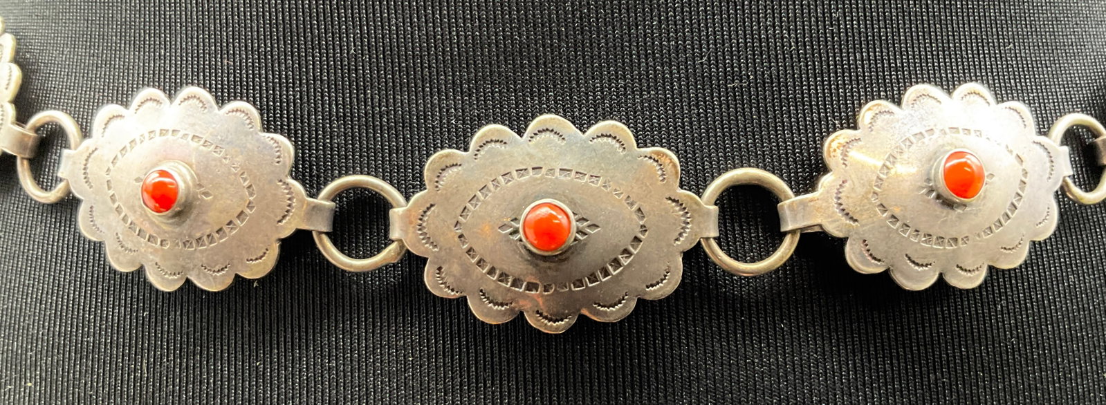 Navajo Silver and Red Coral Concho Link Belt - 2