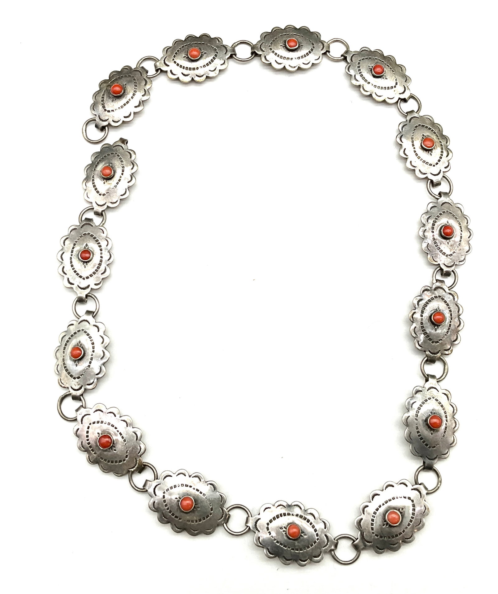 Navajo Silver and Red Coral Concho Link Belt - 3