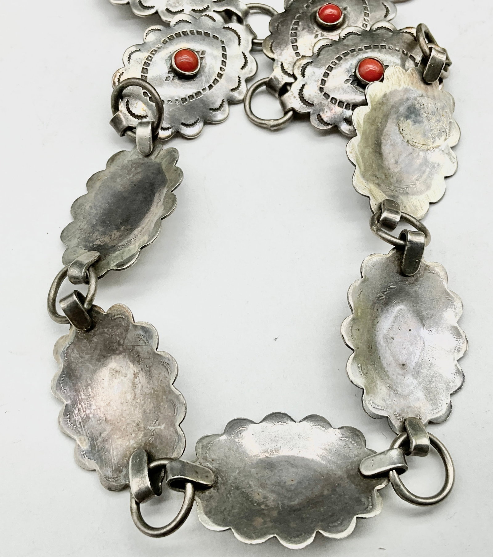 Navajo Silver and Red Coral Concho Link Belt - 4