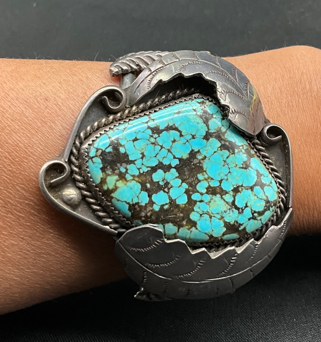 Vintage Navajo Silver and Large Spiderweb Turquoise Cuff Bracelet - 2
