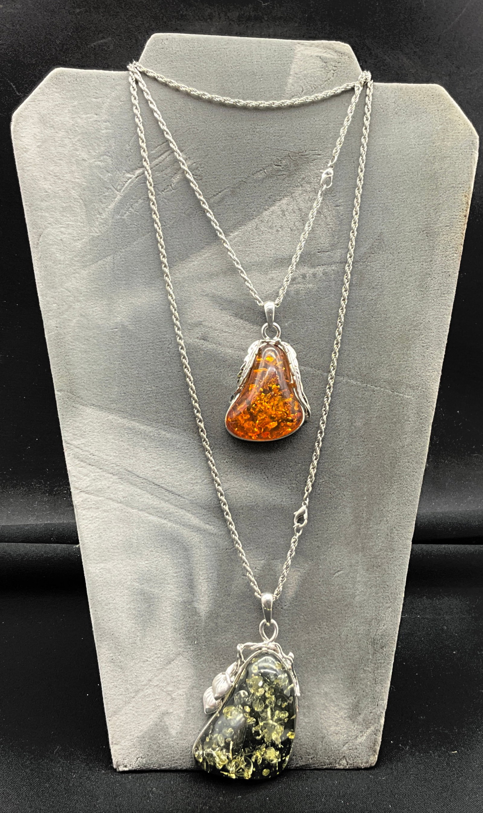 Two Baltic Amber and Silver Toned Pendant Necklaces - 3