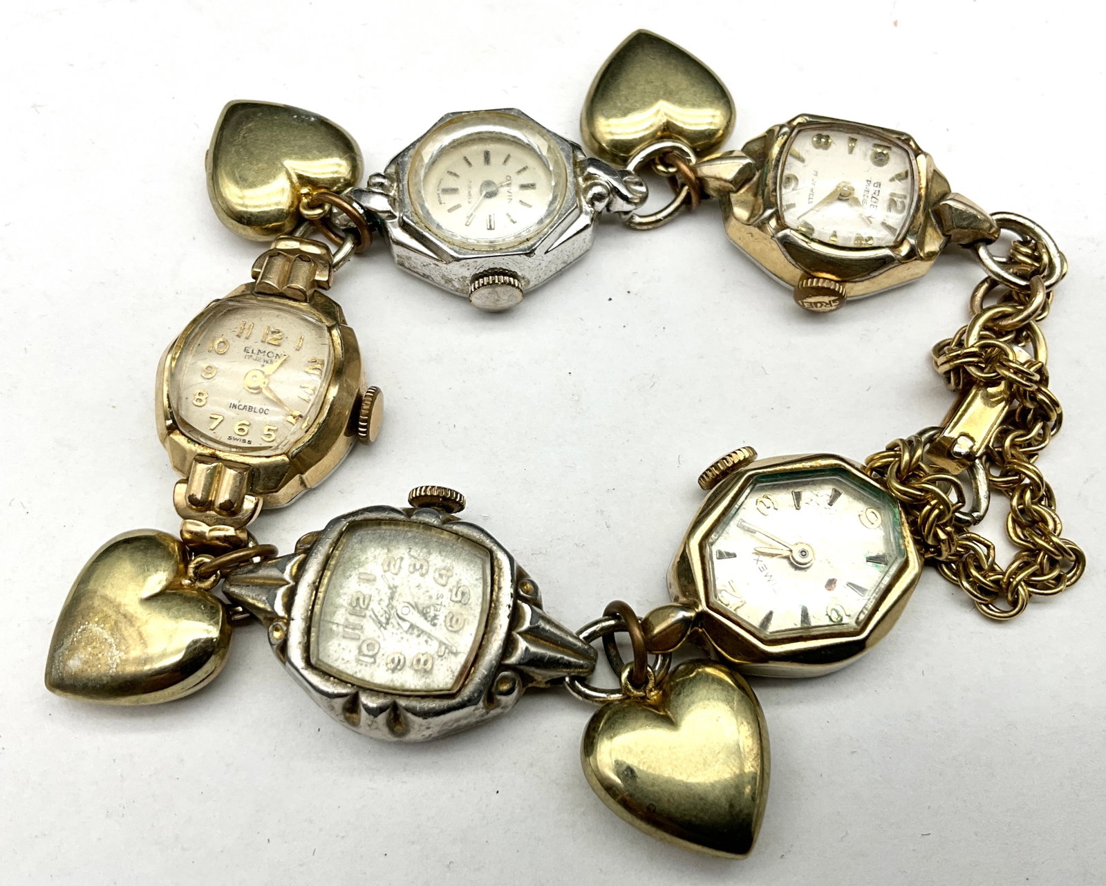 Vintage Multi-Brand Watch Head and Heart Charm Bracelet featuring Gruen and Timex - 2