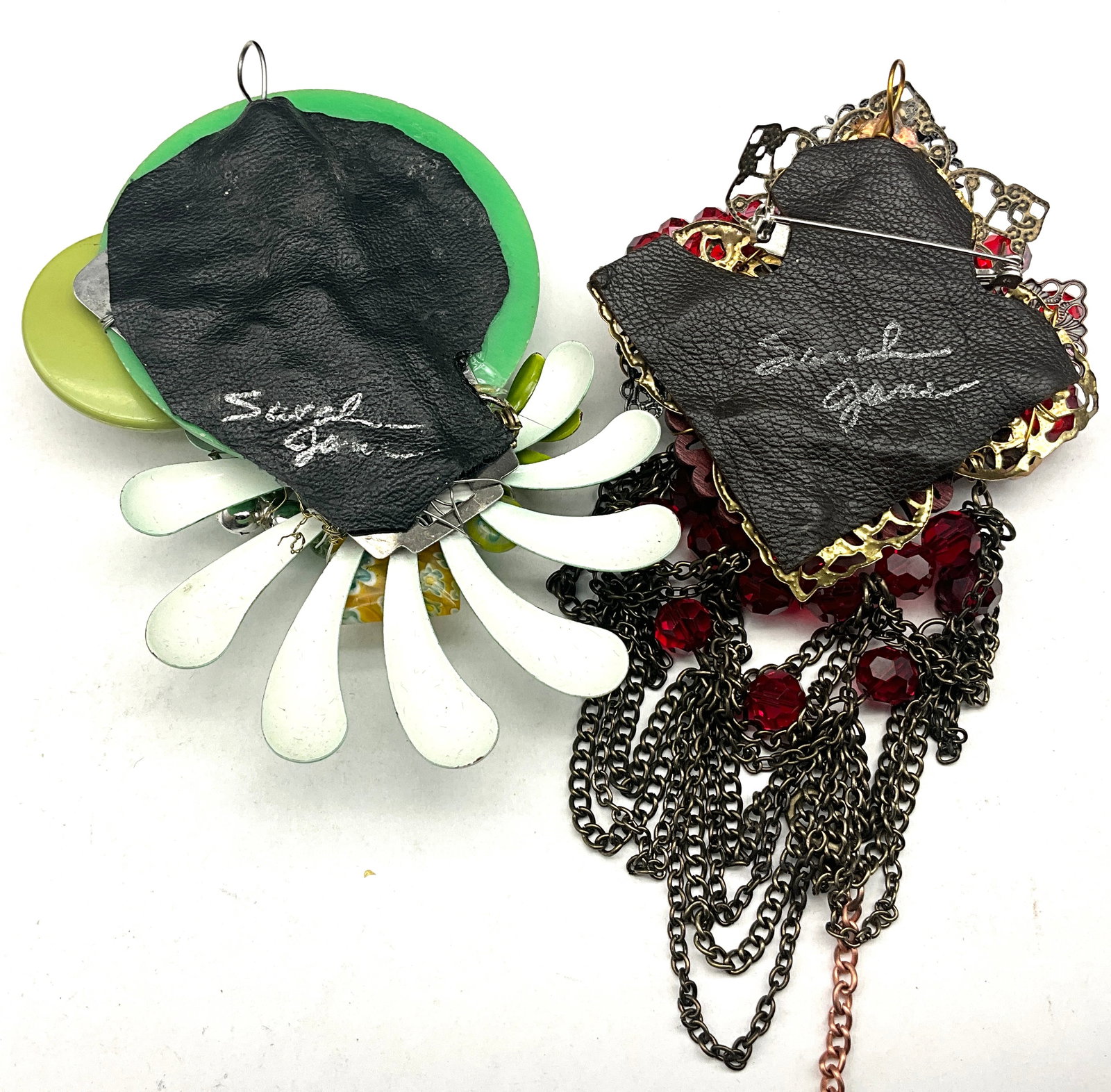 A Collection of Four Sarah Jane Signed Mixed Media Assemblage Art Jewelry Pieces - 6