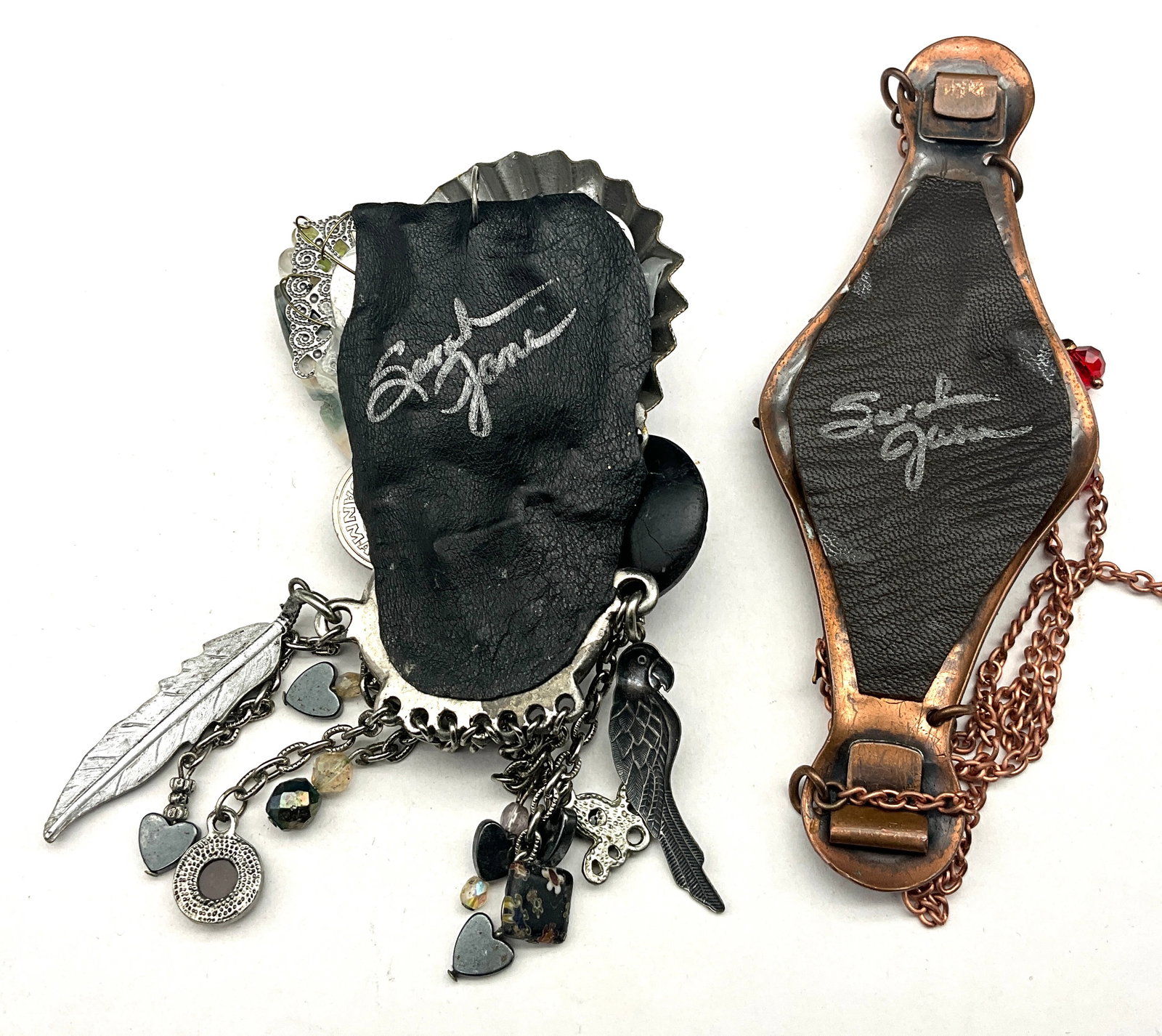 A Collection of Four Sarah Jane Signed Mixed Media Assemblage Art Jewelry Pieces - 7