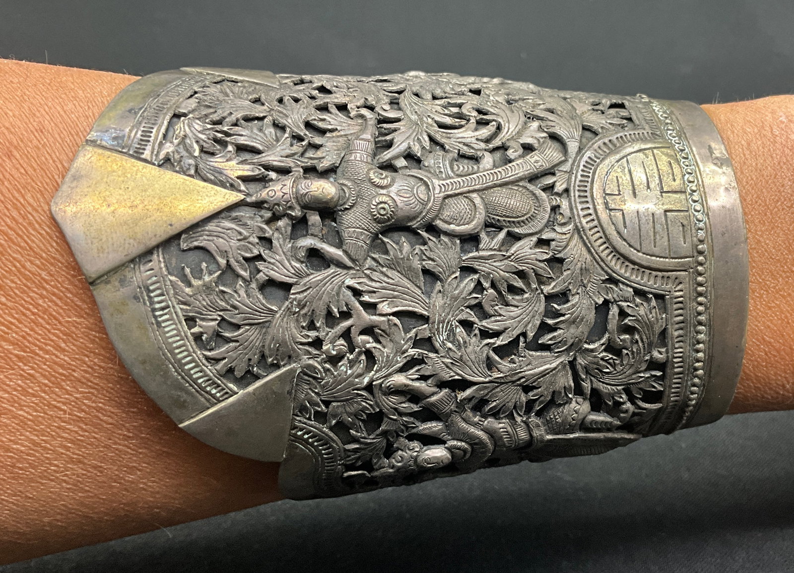 Cambodian Silver Apsara Wide Openwork Cuff Bracelet - 2