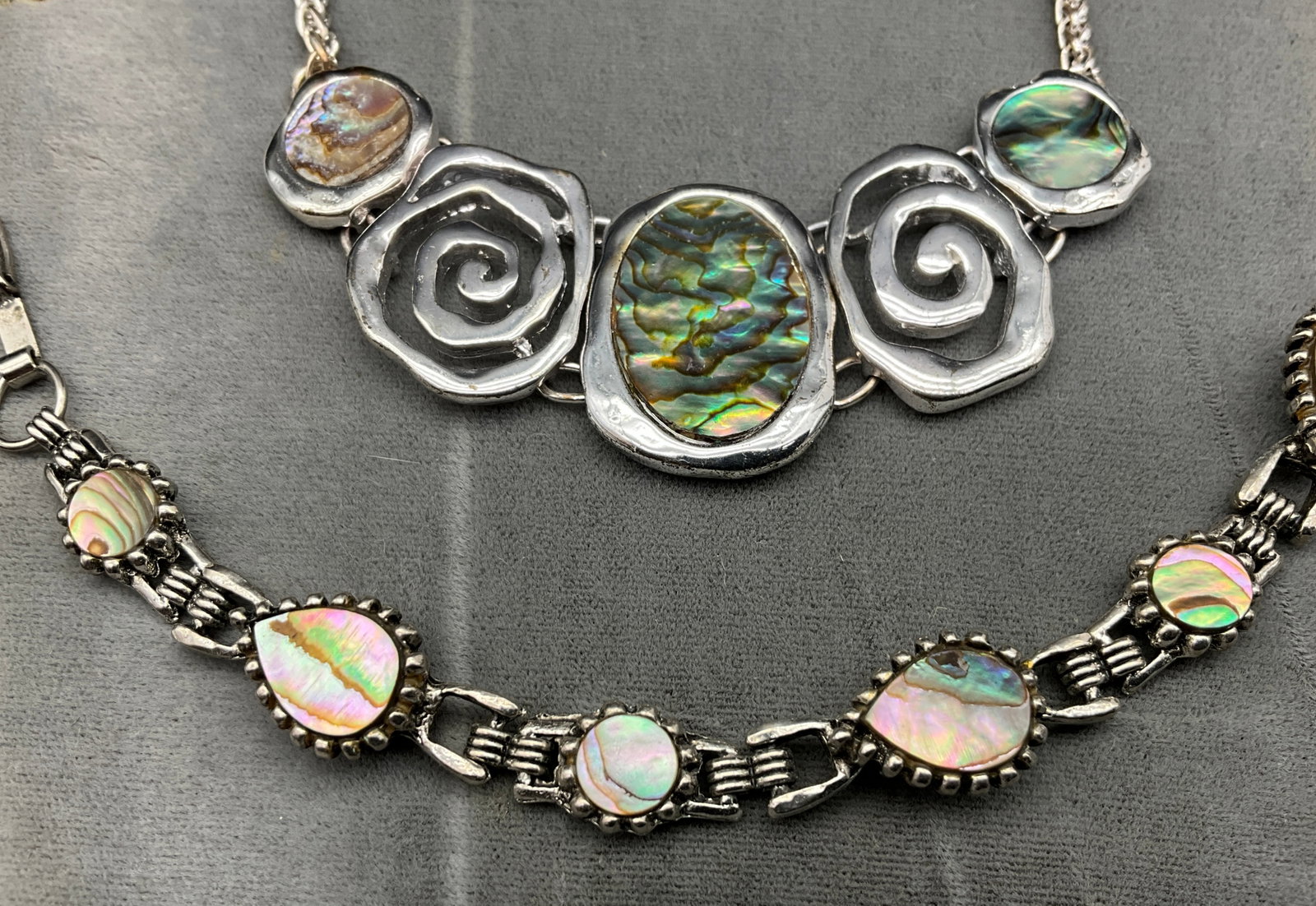 Three Abalone Shell and Silver-Tone Metal Jewelry Pieces - 2