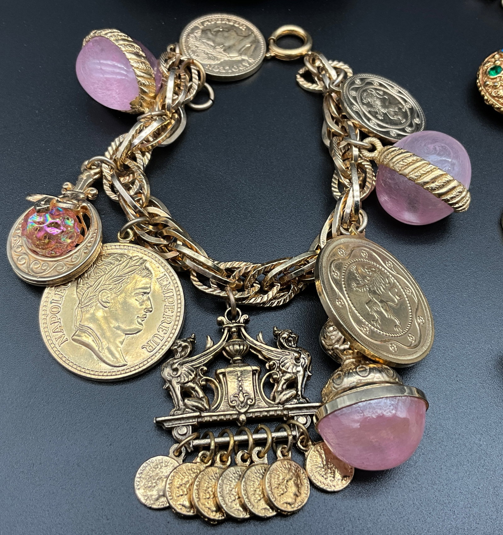 A Collection of Four Vintage Gold-Tone Costume Jewelry Charm and Button Bracelets - 2