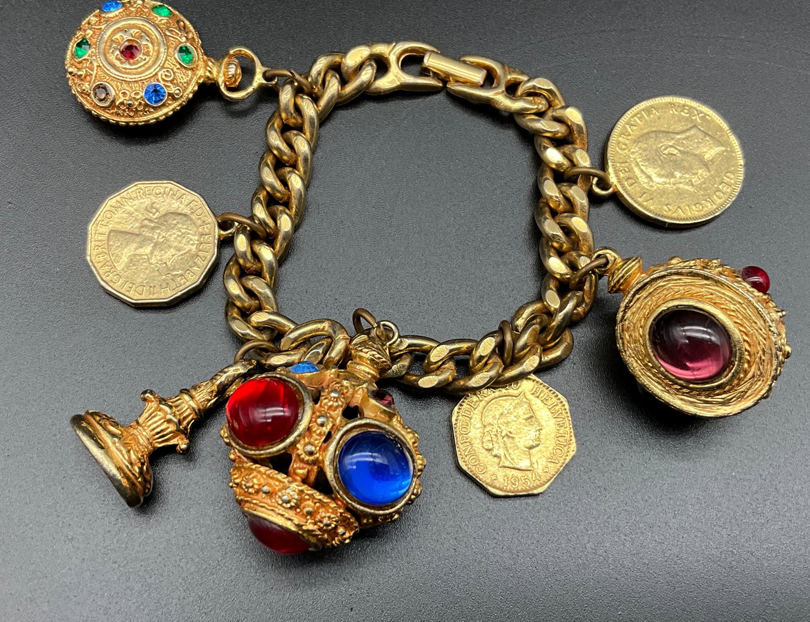 A Collection of Four Vintage Gold-Tone Costume Jewelry Charm and Button Bracelets - 3