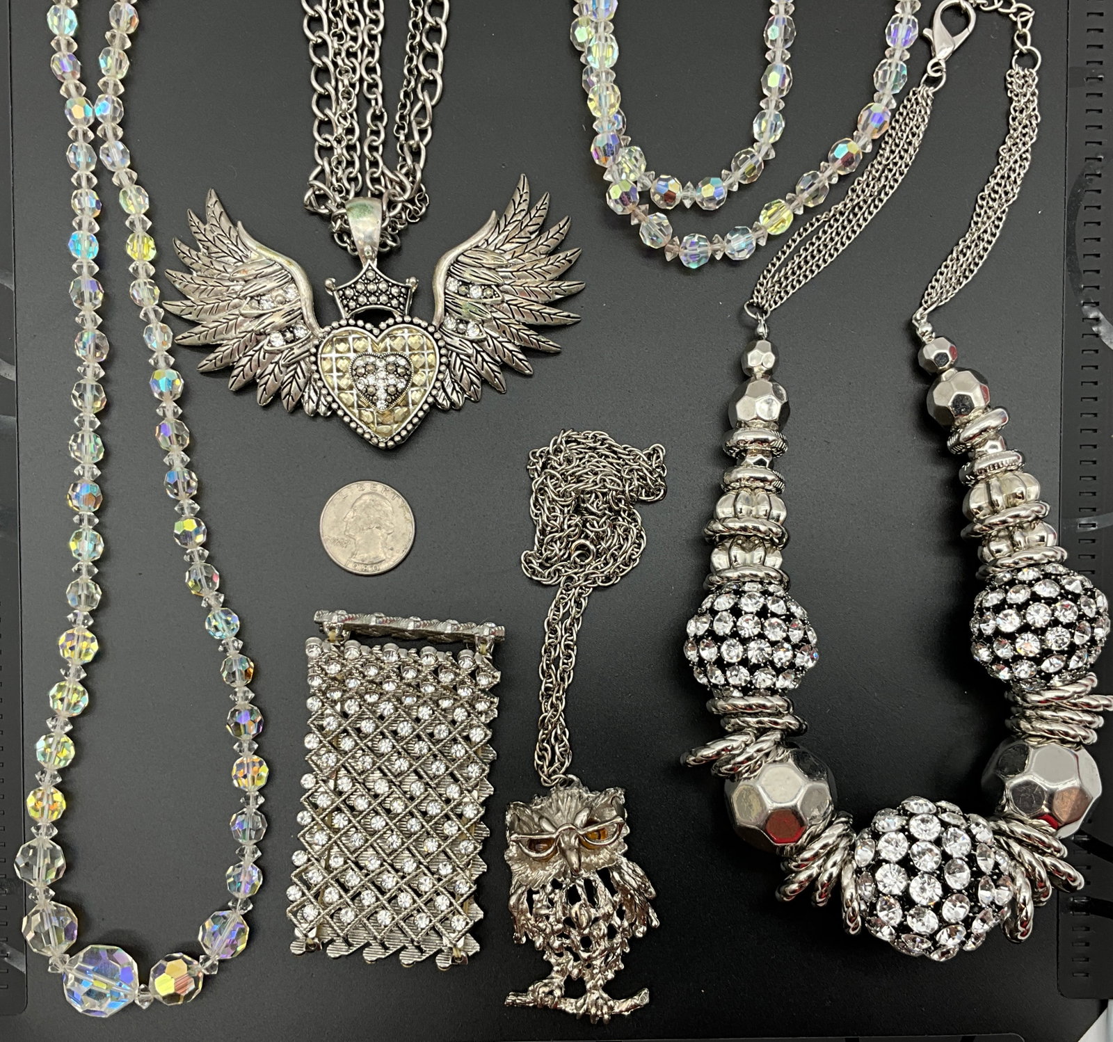 Six Pieces of Silver-Tone Rhinestone and Iridescent Glass Costume Jewelry - 2