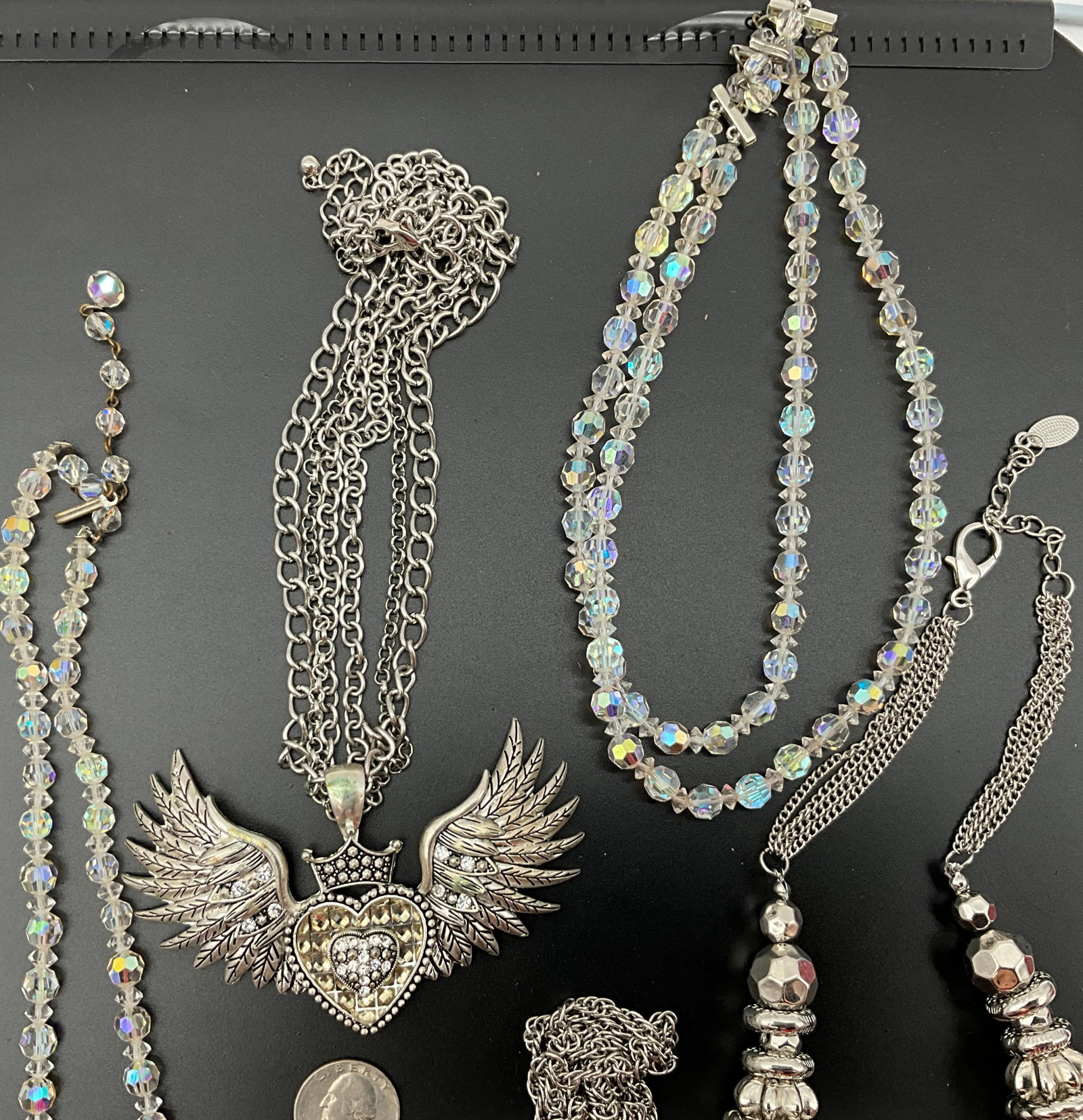Six Pieces of Silver-Tone Rhinestone and Iridescent Glass Costume Jewelry - 3