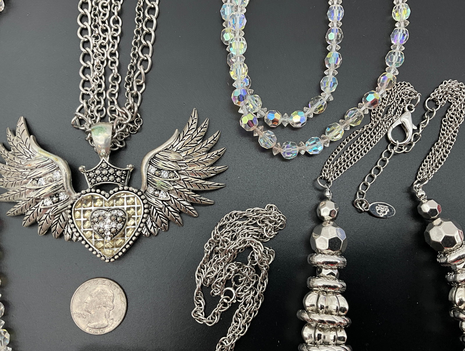 Six Pieces of Silver-Tone Rhinestone and Iridescent Glass Costume Jewelry - 4