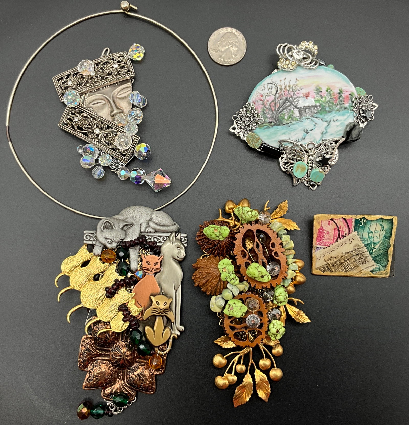 A Collection of Five Sarah Jane Artisan Assemblage Jewelry Pieces - 2