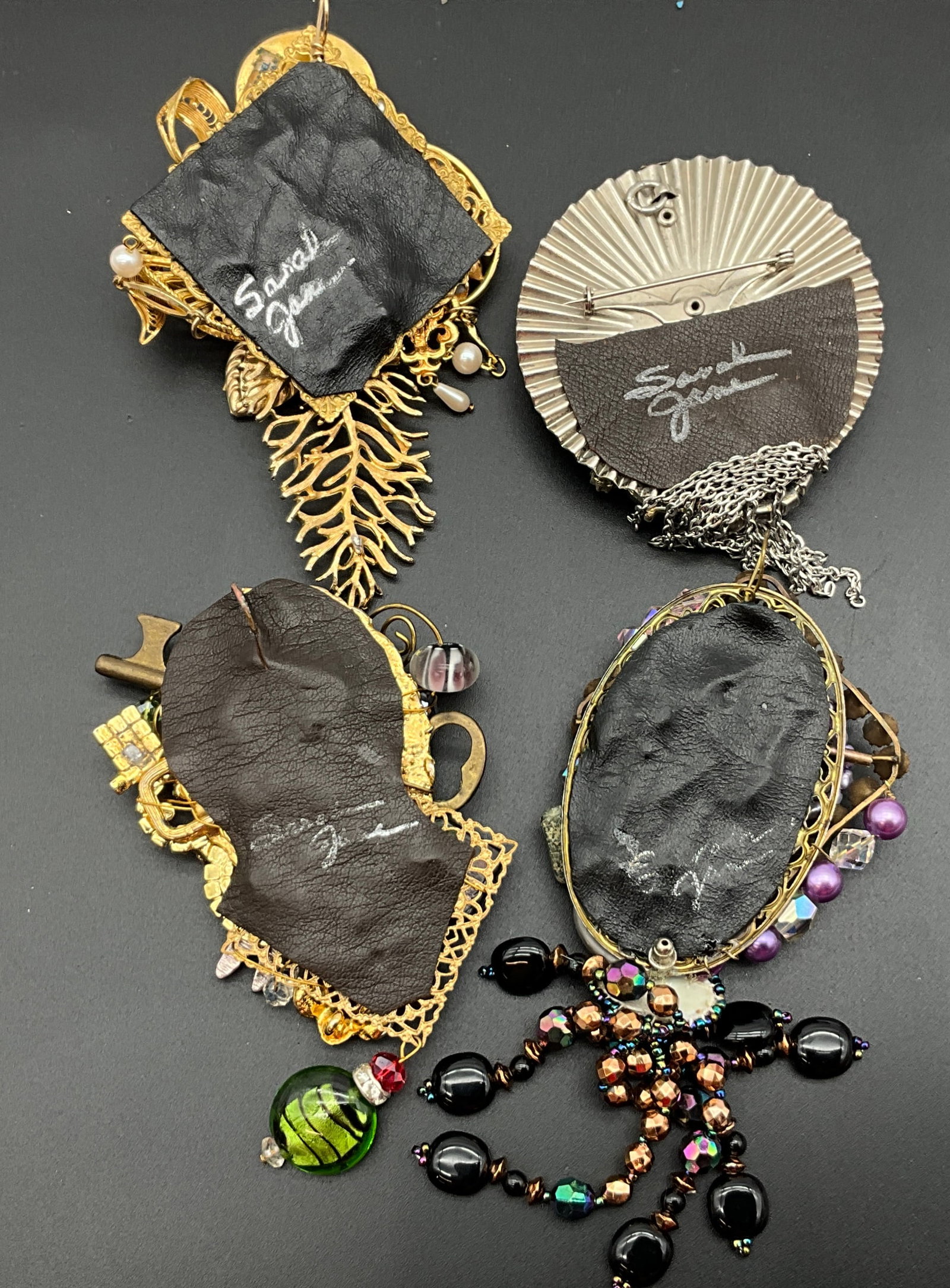 Four Sarah Jane Mixed Media Assemblage Brooches - 4