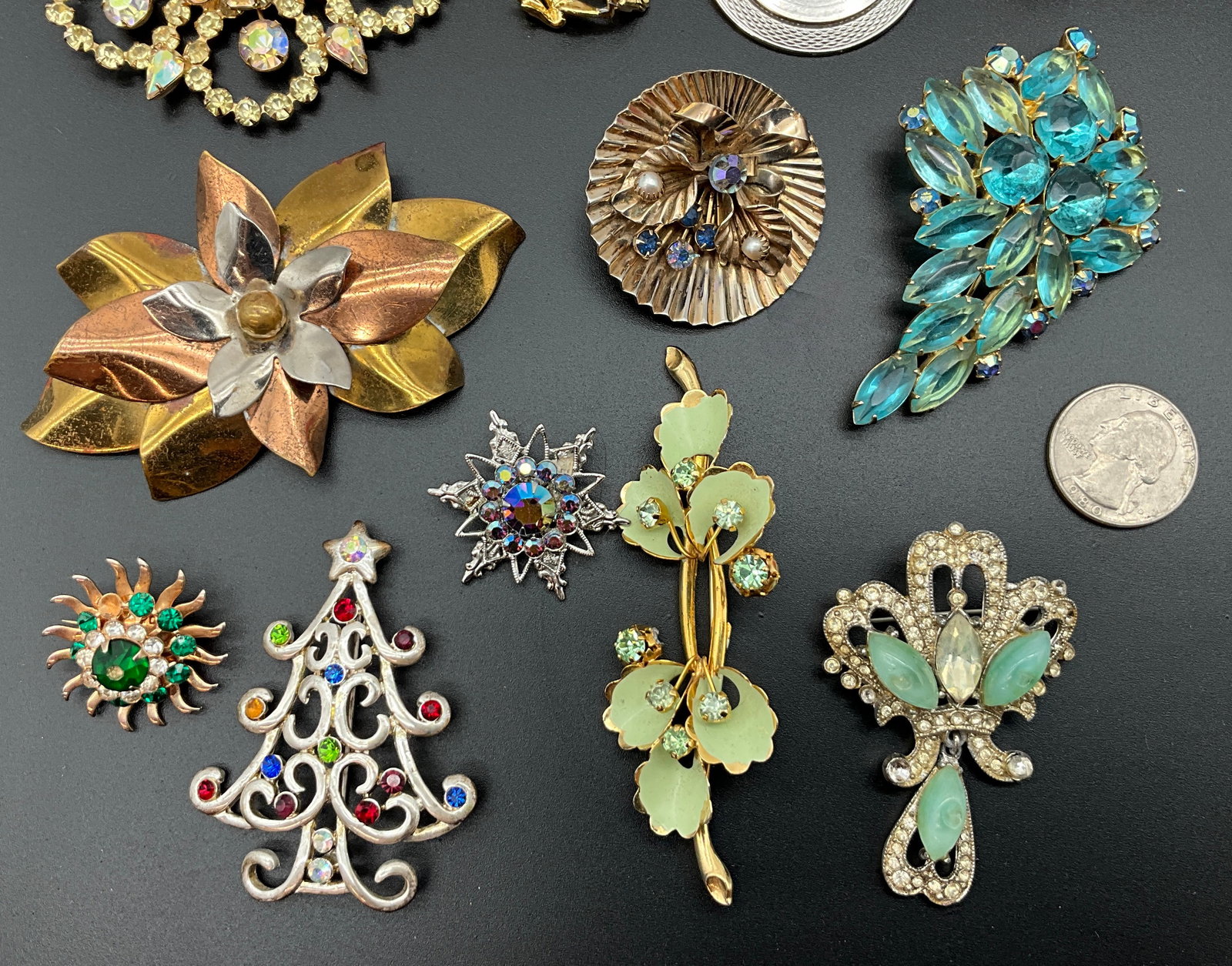A Collection of Vintage Costume Jewelry Brooches and One Scarf Clip - 2
