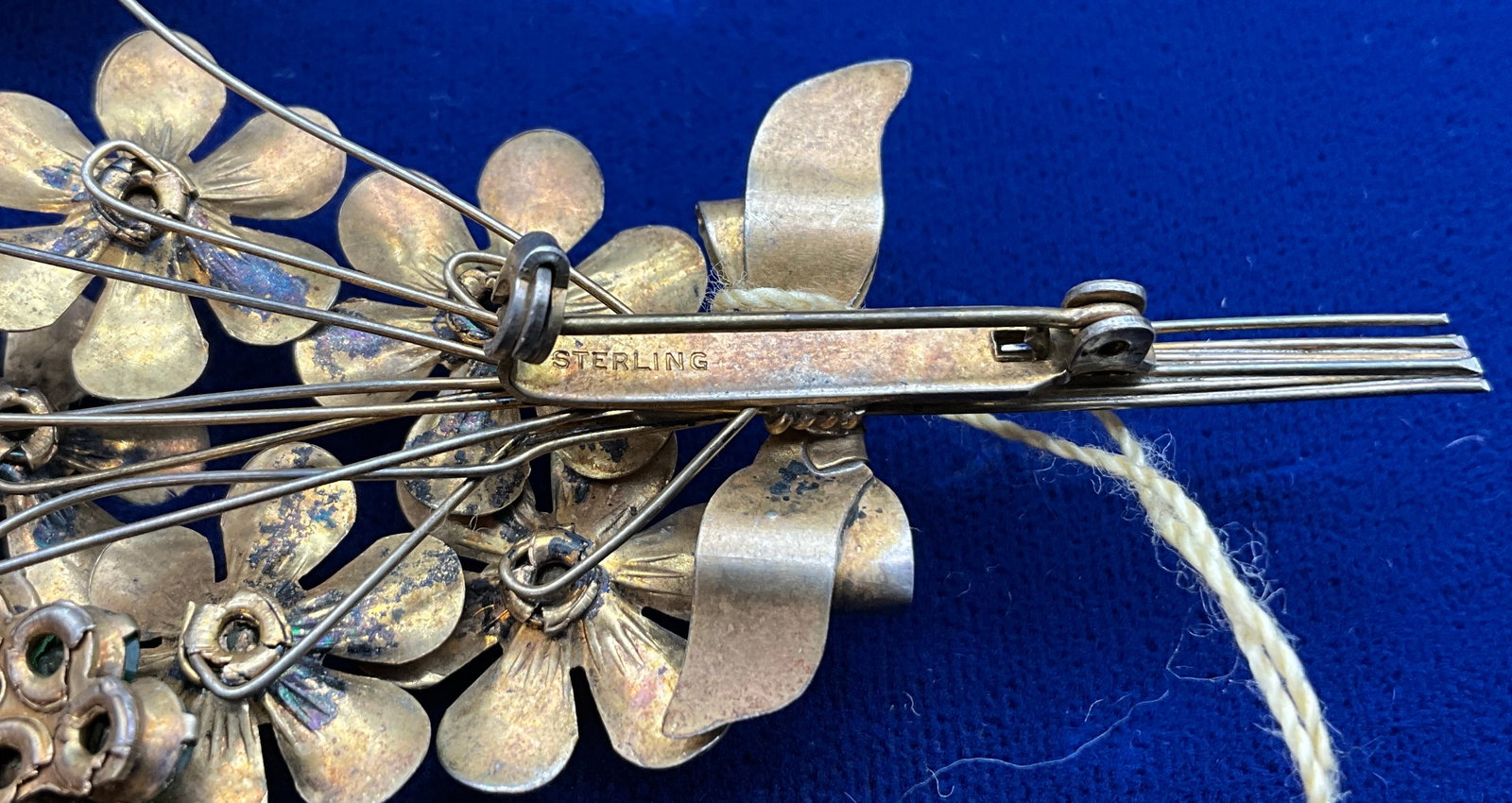 Whiting and Davis Sterling Silver Vermeil Floral Bouquet Brooch with Green Rhinestones - 2