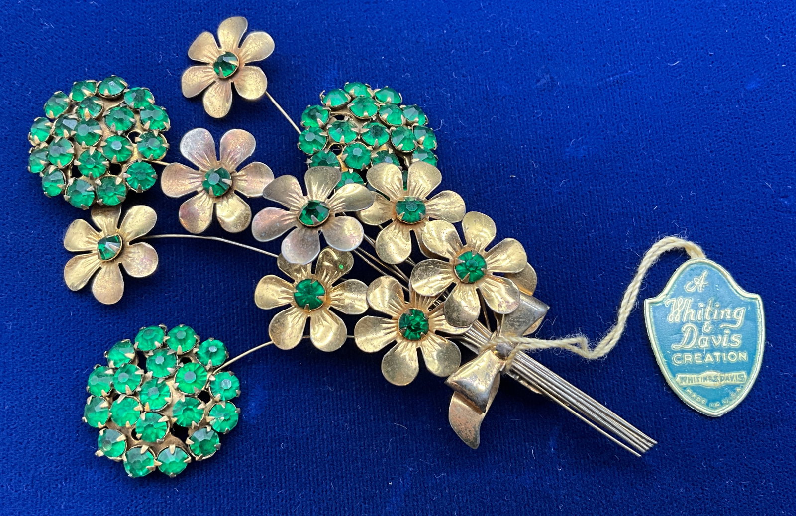 Whiting and Davis Sterling Silver Vermeil Floral Bouquet Brooch with Green Rhinestones - 3